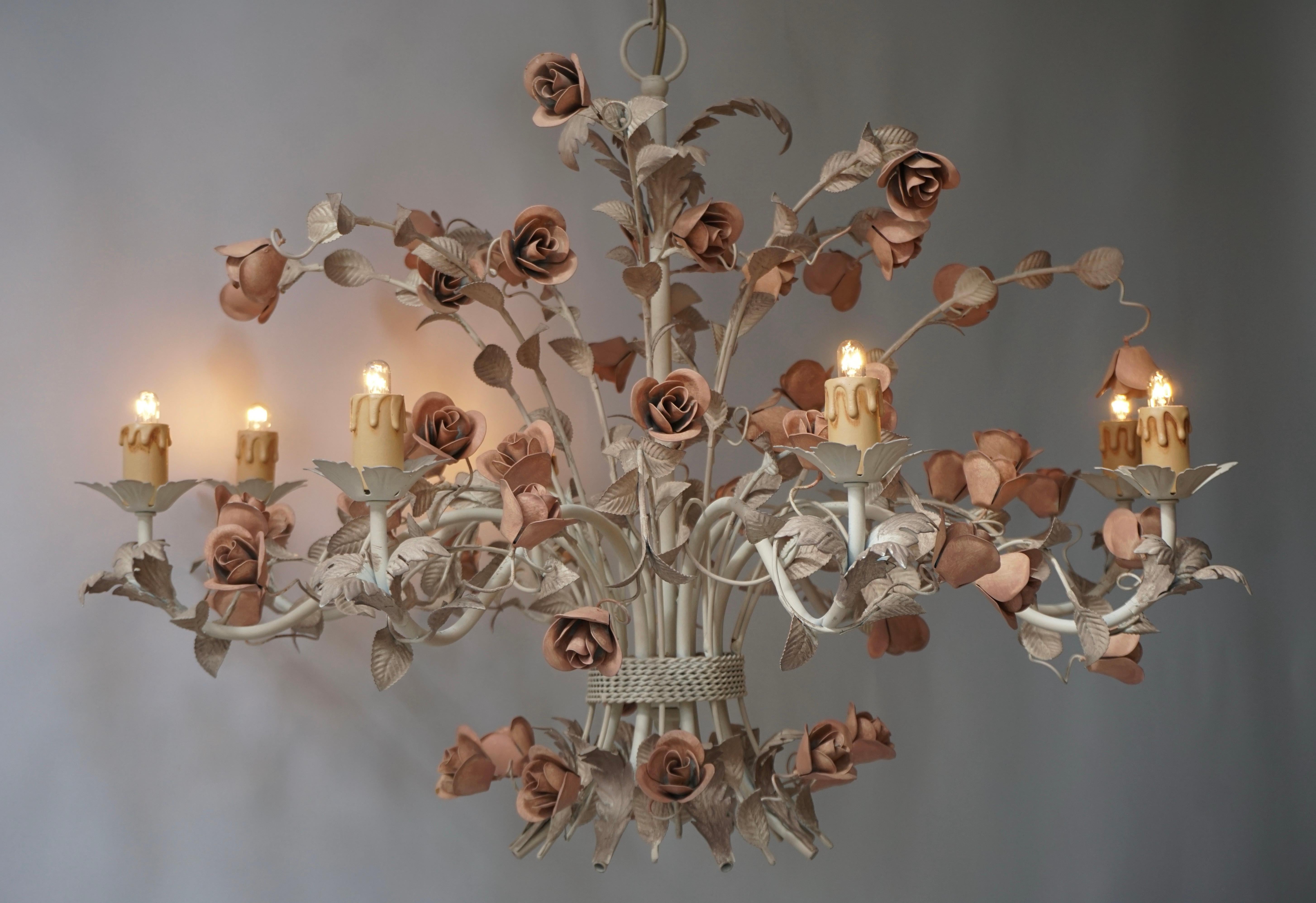 20th Century Hollywood Regency Style Chandelier with Pink Roses 7