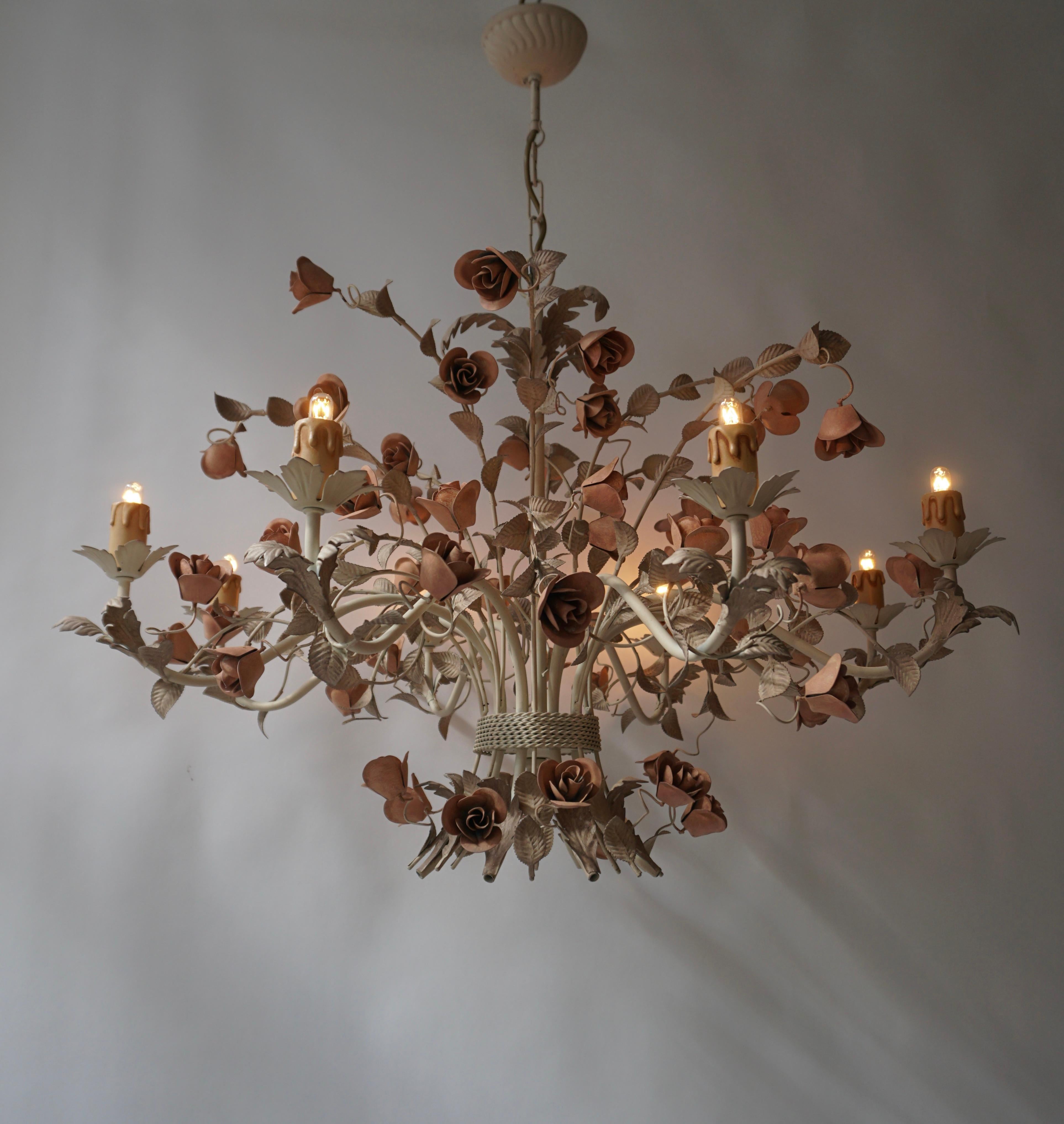 Mid-Century Modern 20th Century Hollywood Regency Style Chandelier with Pink Roses