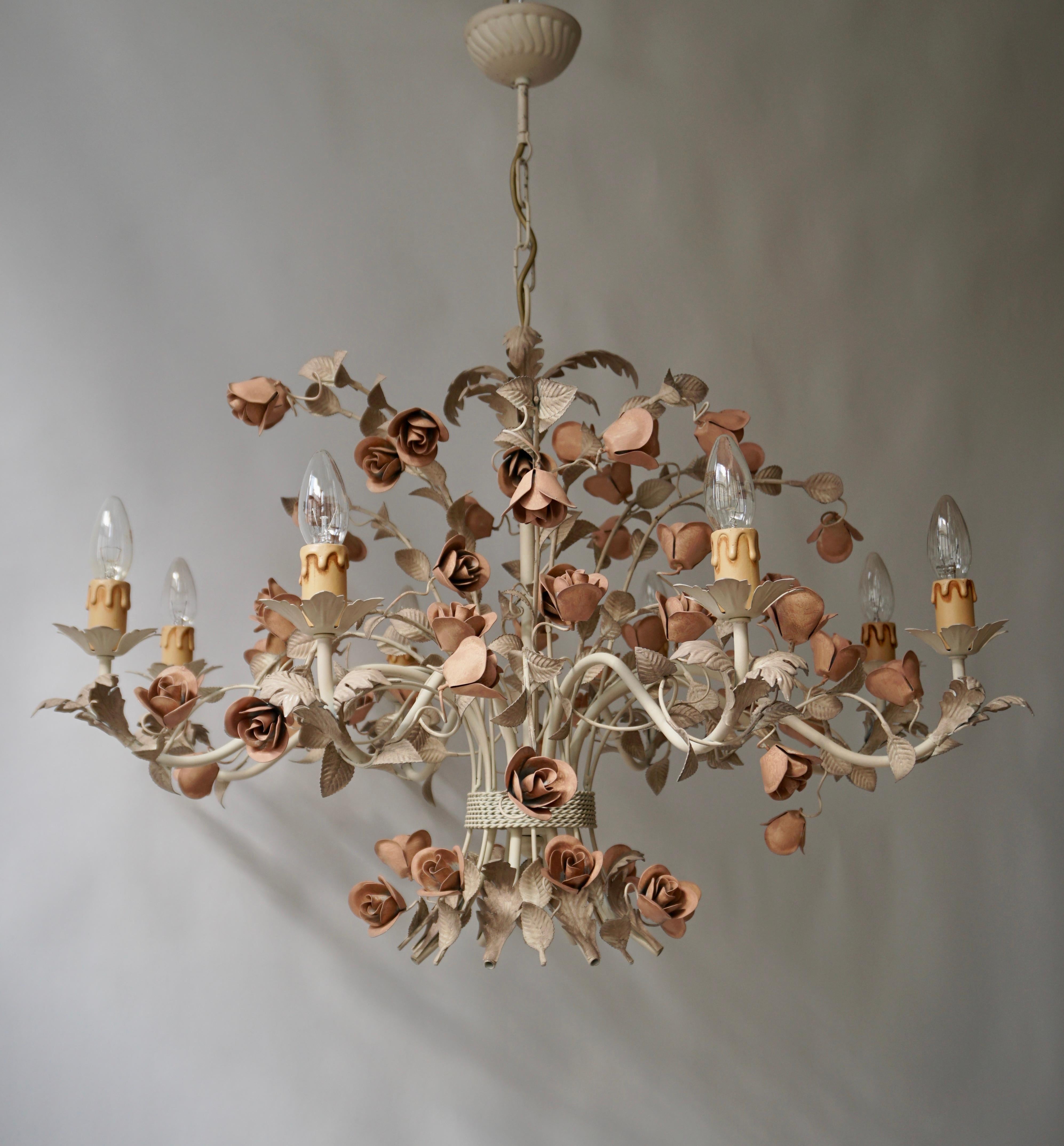 20th Century Hollywood Regency Style Chandelier with Pink Roses 2