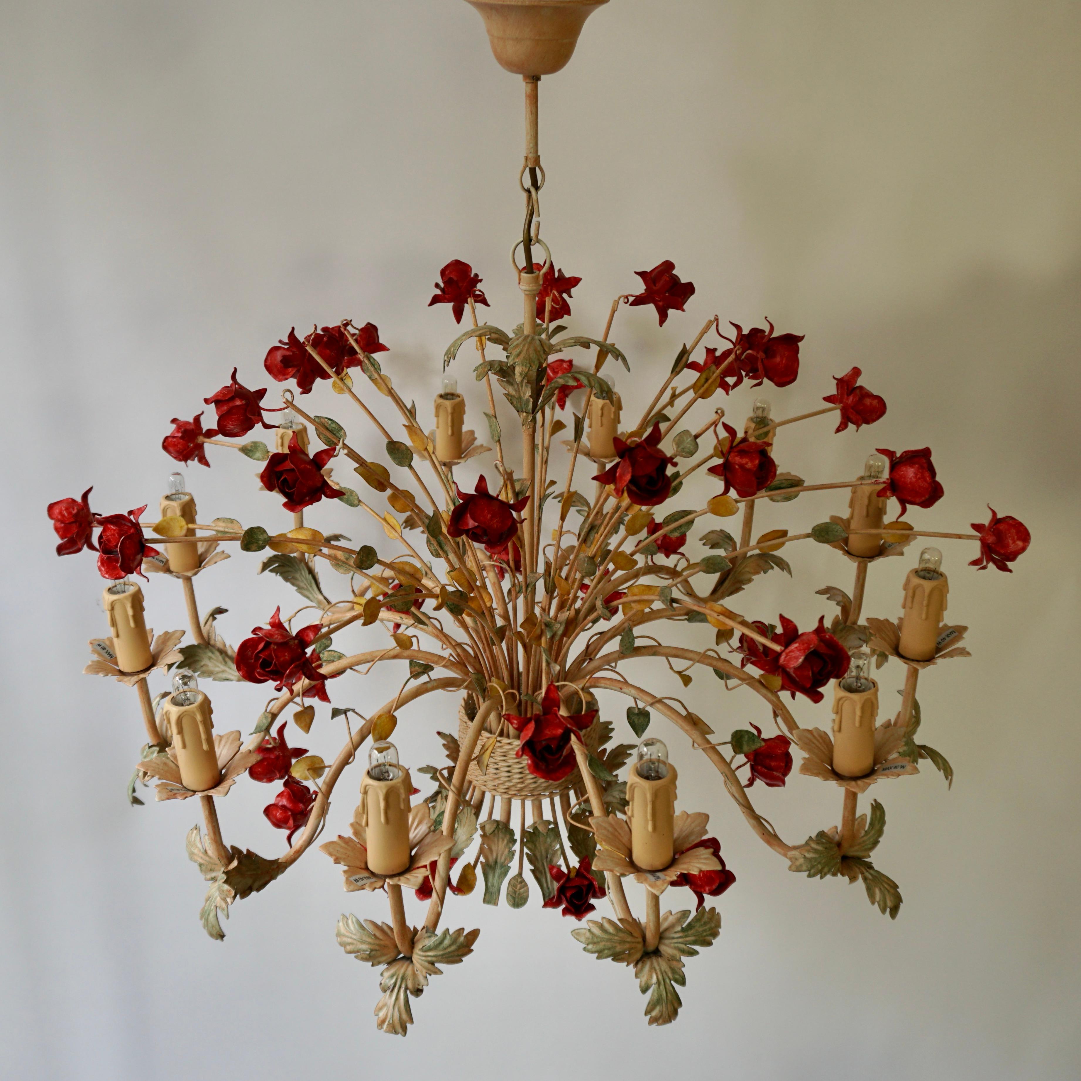 Two 20th Century Hollywood Regency Style Chandelier with Red Roses For Sale 4