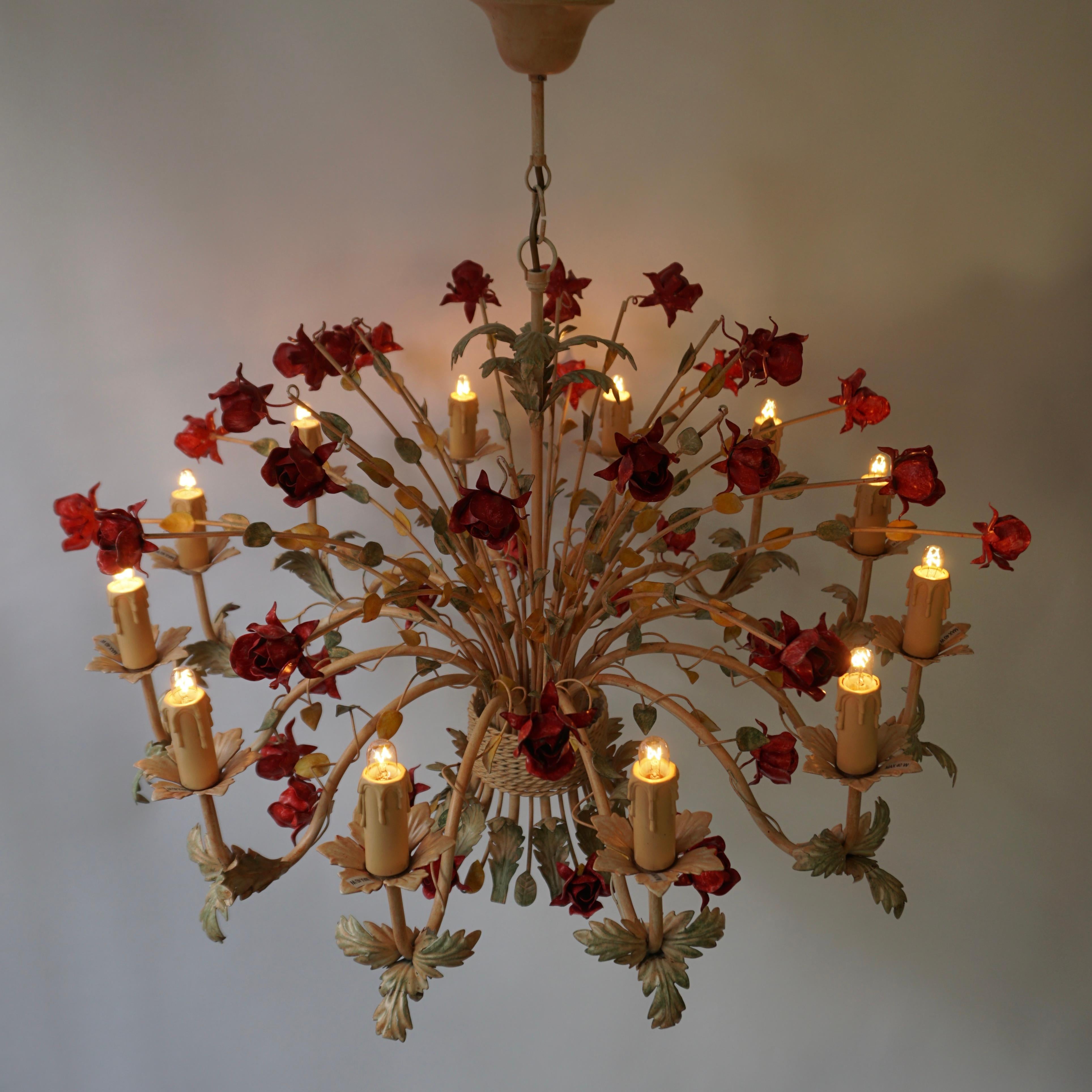 Two 20th Century Hollywood Regency Style Chandelier with Red Roses For Sale 5