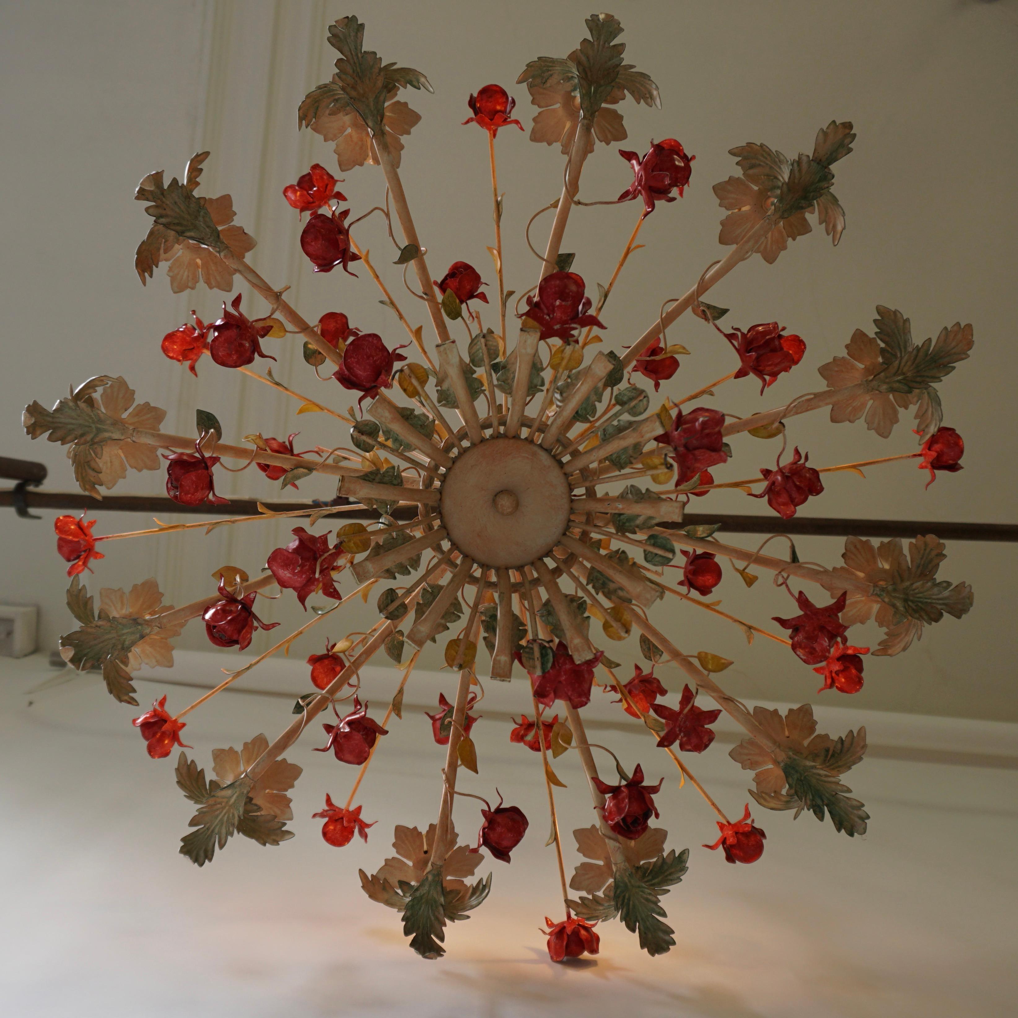 Two 20th Century Hollywood Regency Style Chandelier with Red Roses For Sale 6