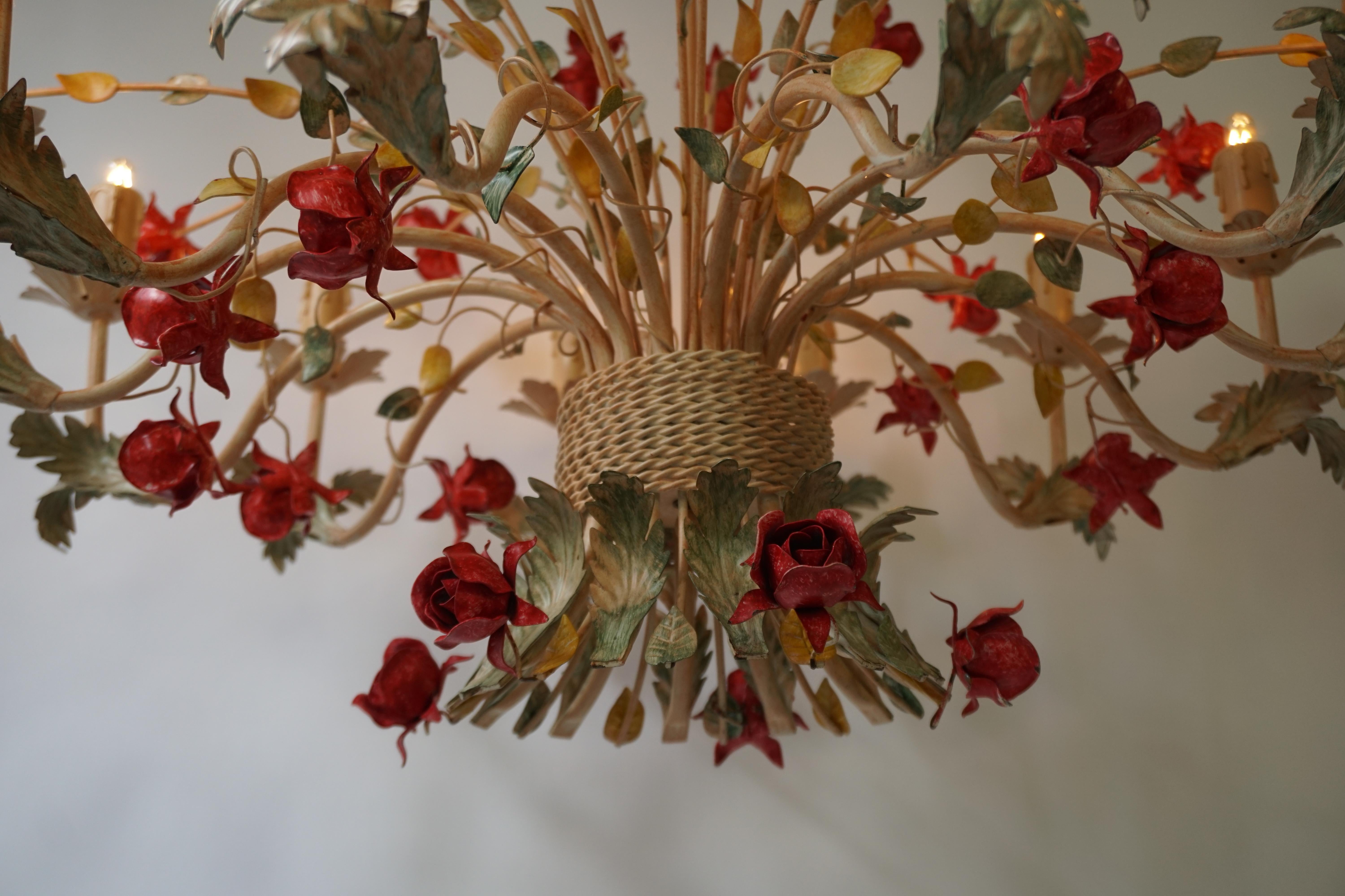 Two 20th Century Hollywood Regency Style Chandelier with Red Roses For Sale 7