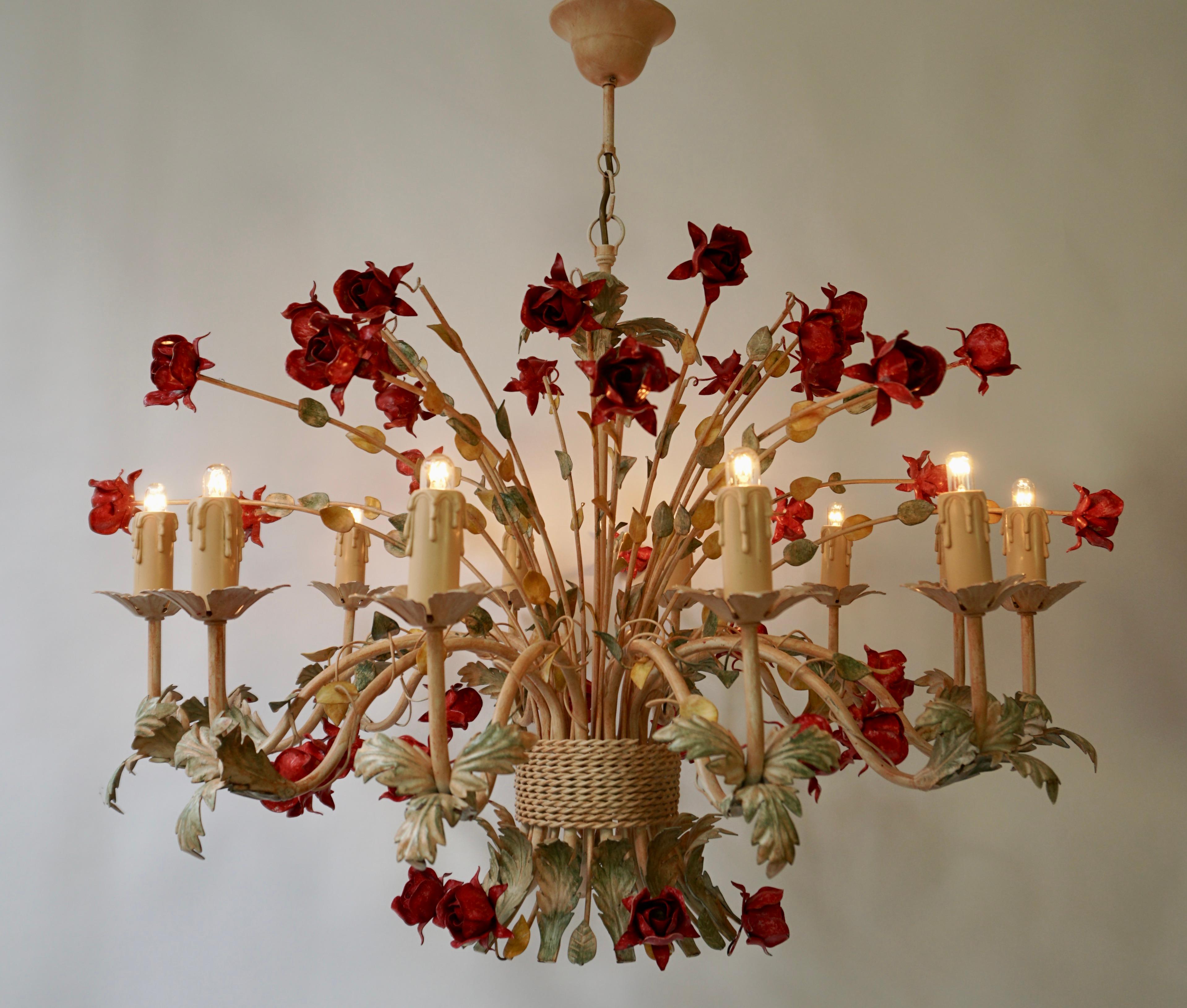 Two 20th Century Hollywood Regency Style Chandelier with Red Roses For Sale 8