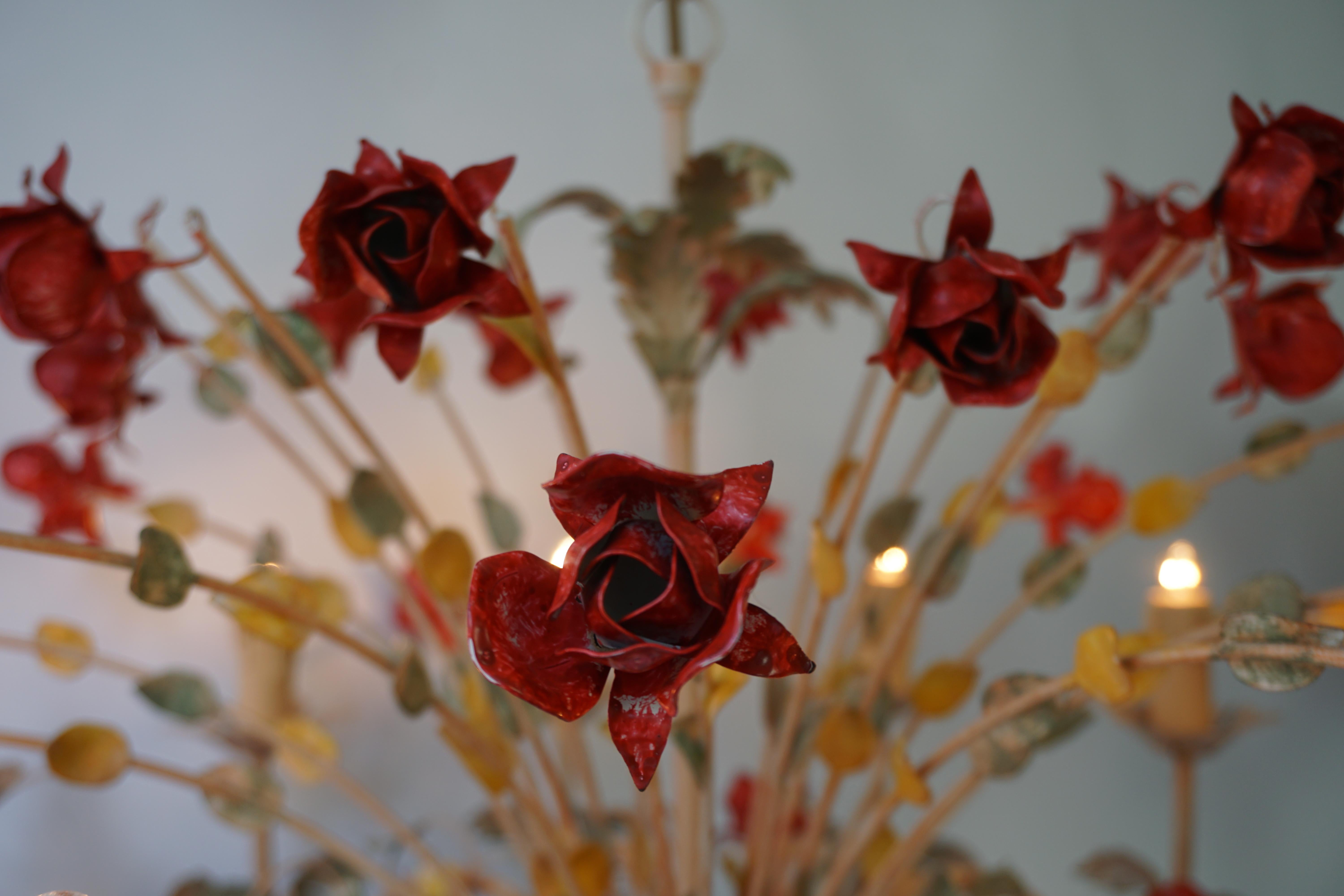 Two 20th Century Hollywood Regency Style Chandelier with Red Roses For Sale 9