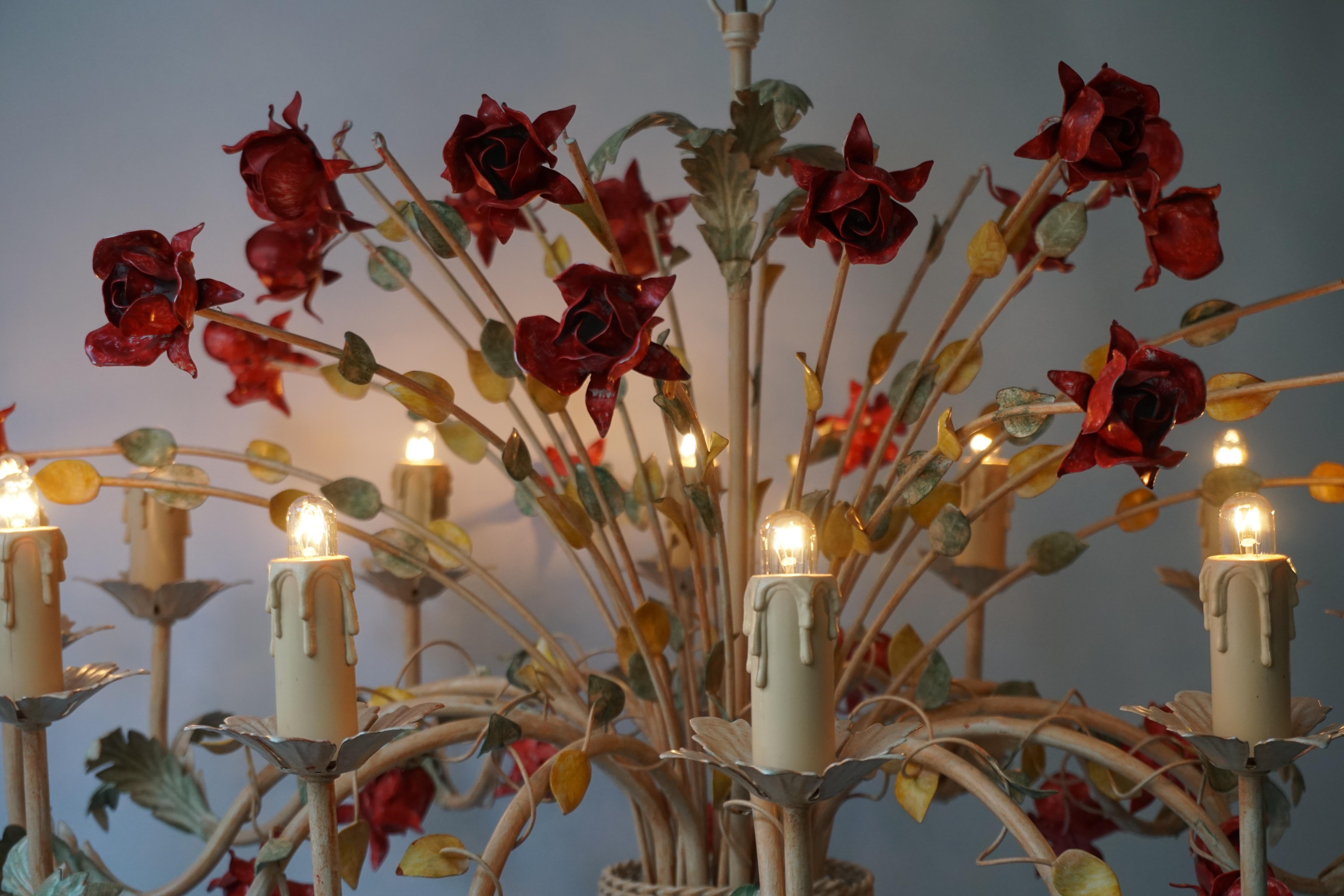 Two 20th Century Hollywood Regency Style Chandelier with Red Roses For Sale 10