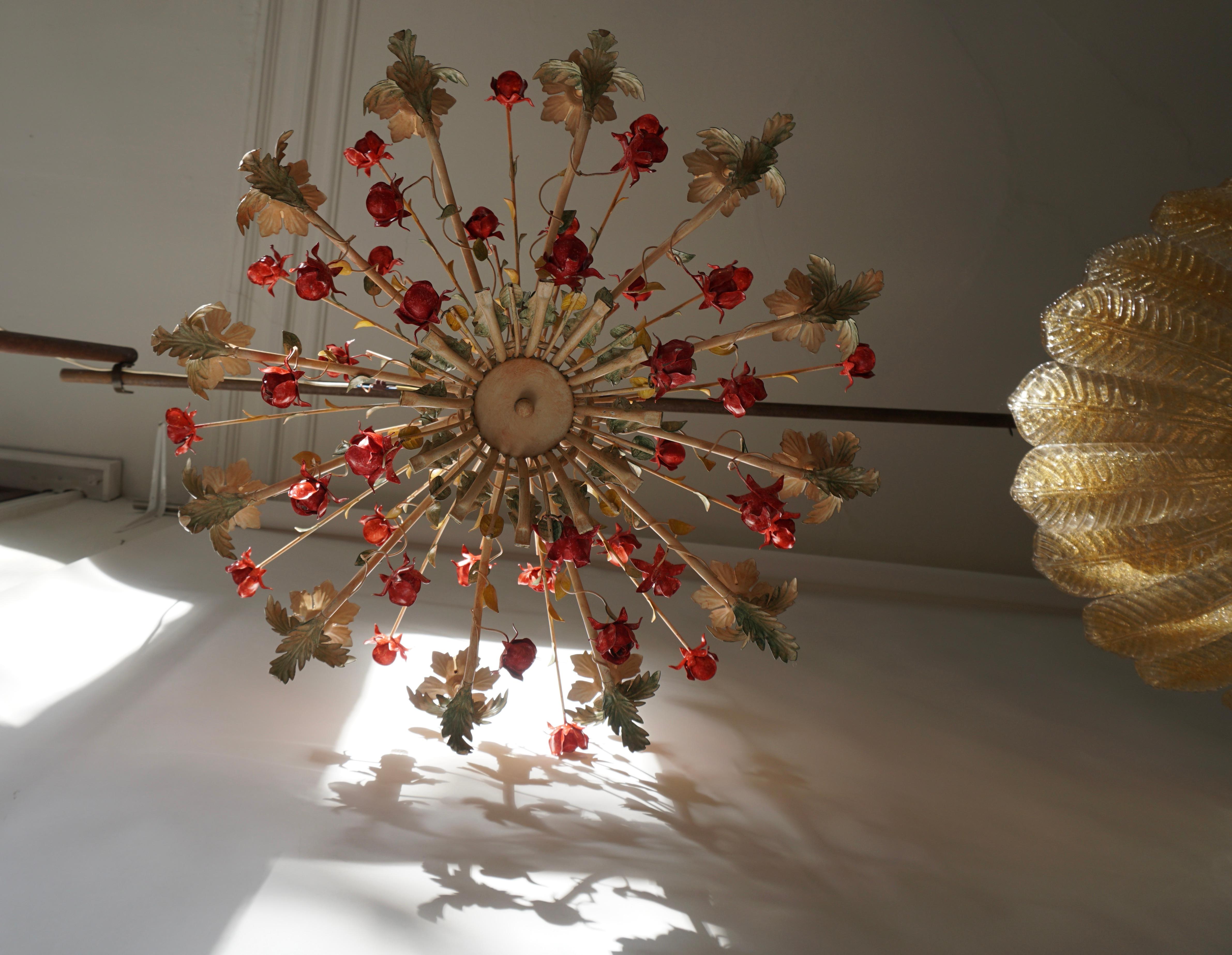 Italian Two 20th Century Hollywood Regency Style Chandelier with Red Roses For Sale