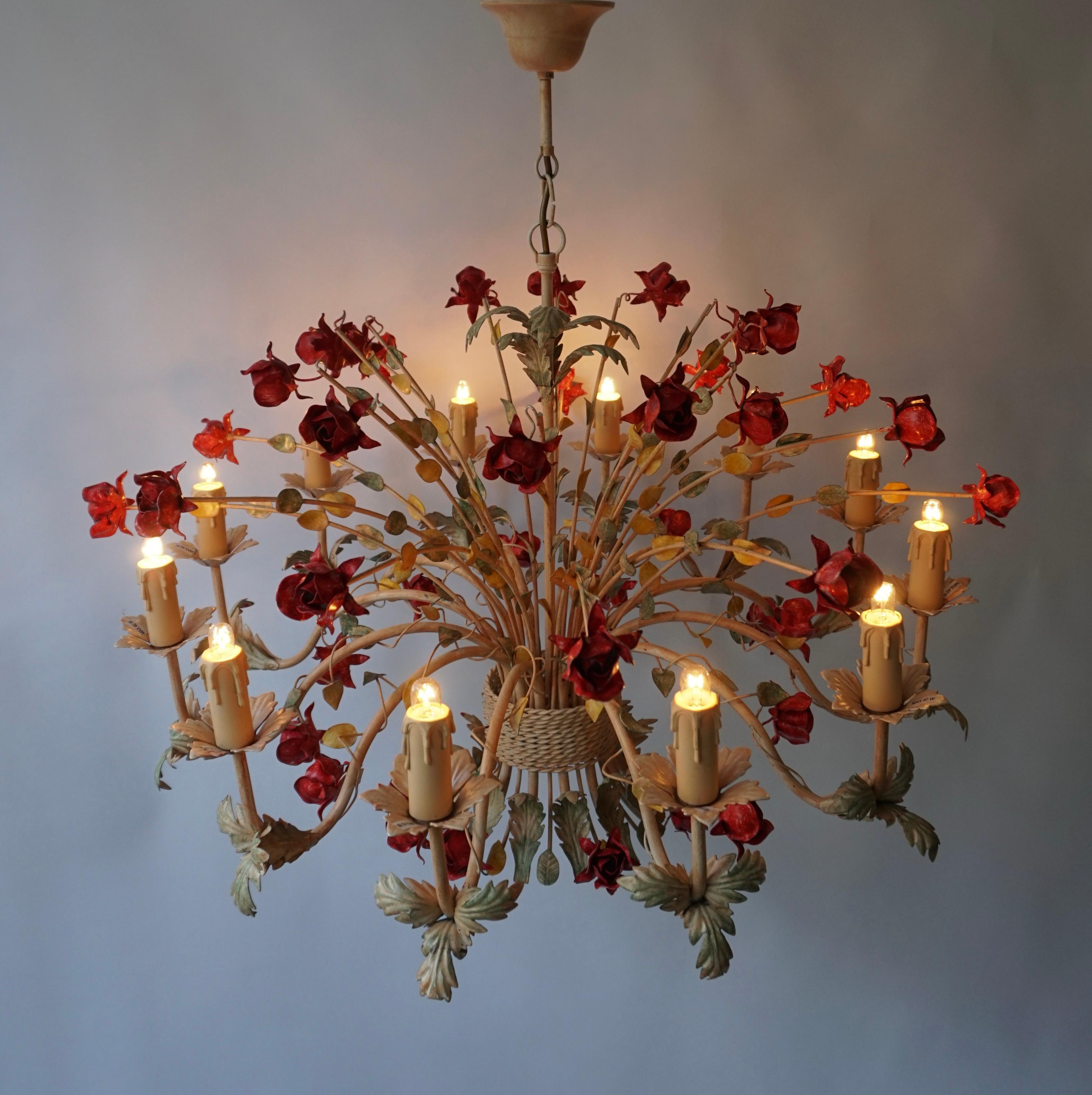 Painted Two 20th Century Hollywood Regency Style Chandelier with Red Roses For Sale