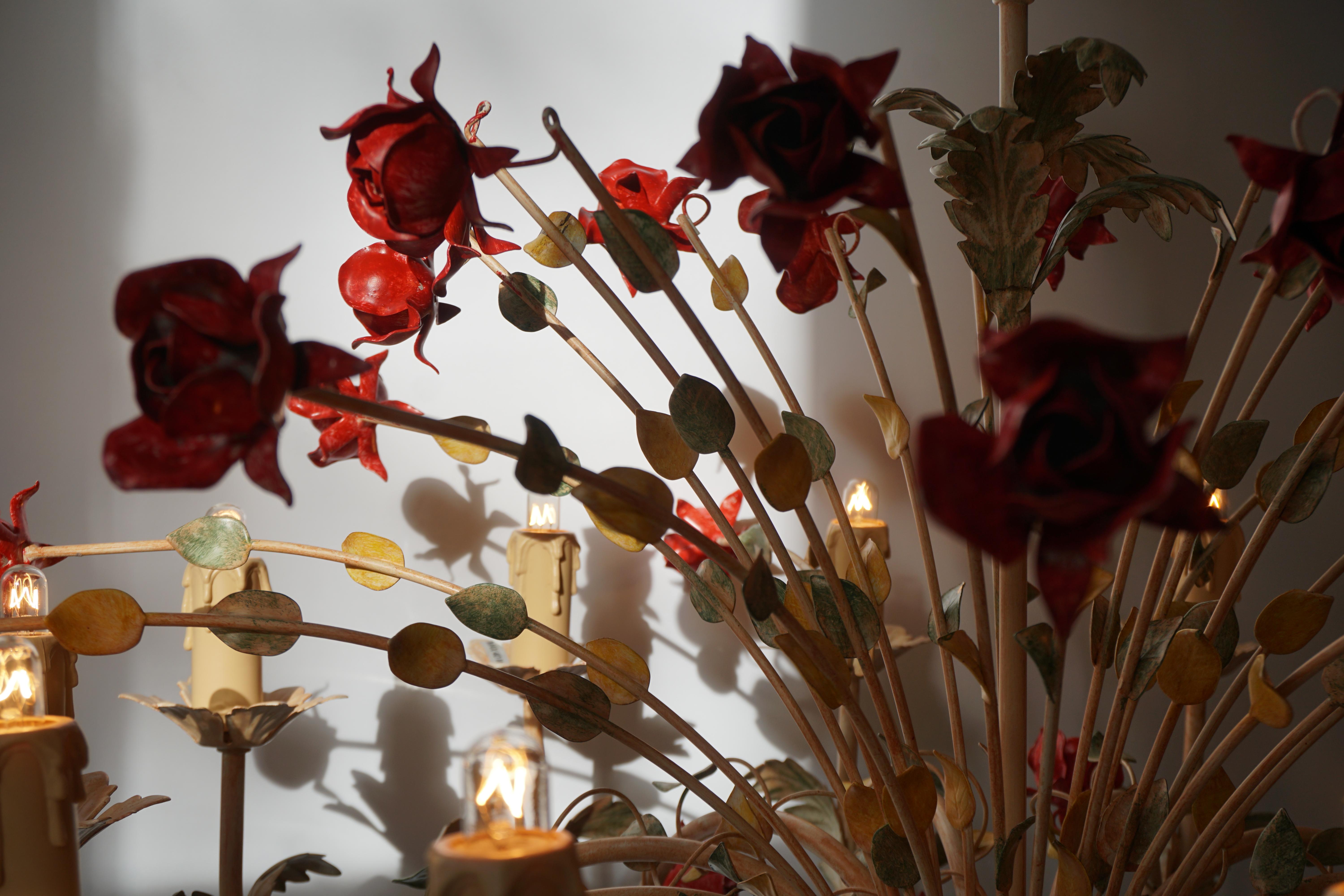 Metal Two 20th Century Hollywood Regency Style Chandelier with Red Roses For Sale