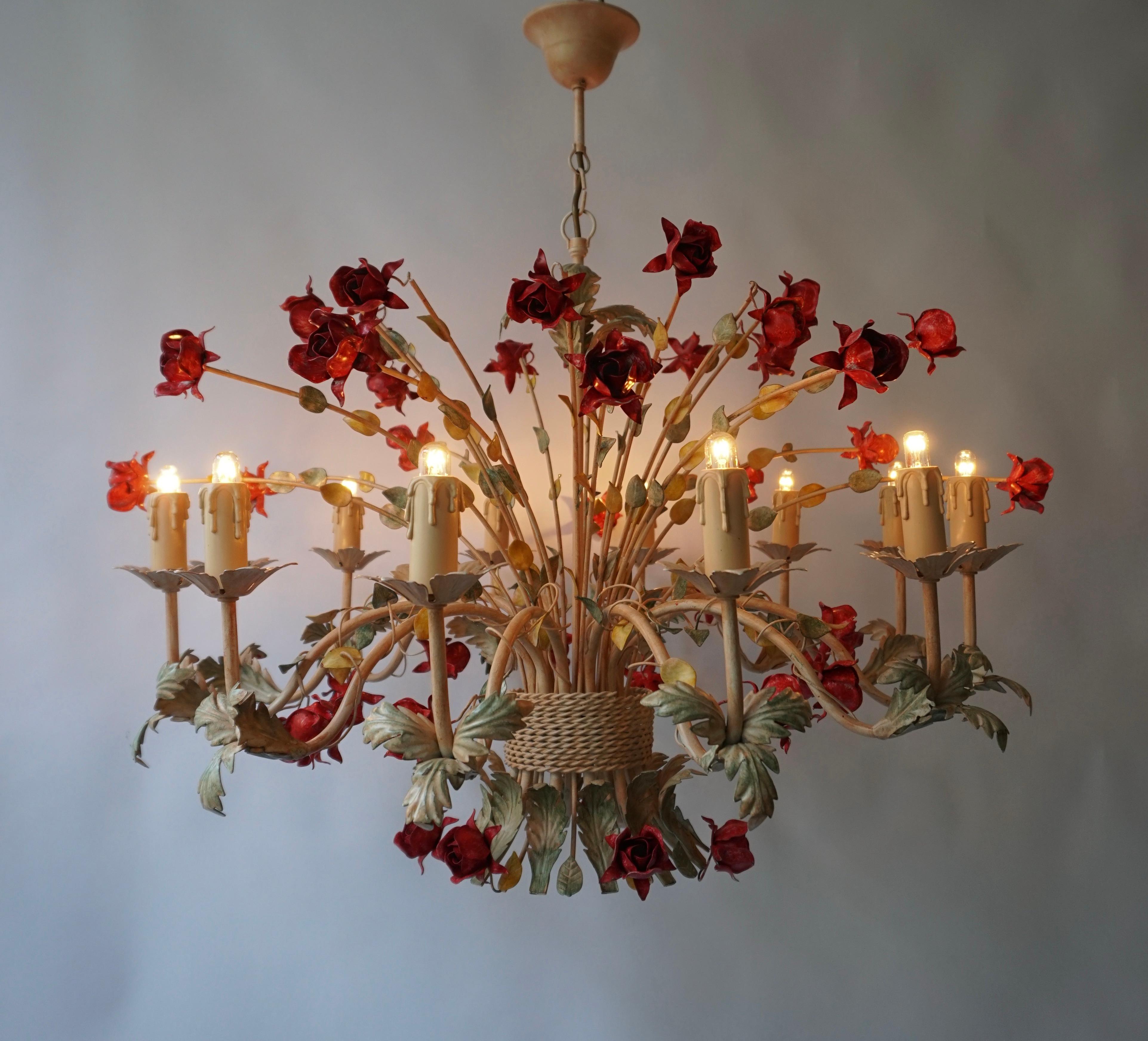 Two 20th Century Hollywood Regency Style Chandelier with Red Roses For Sale 1