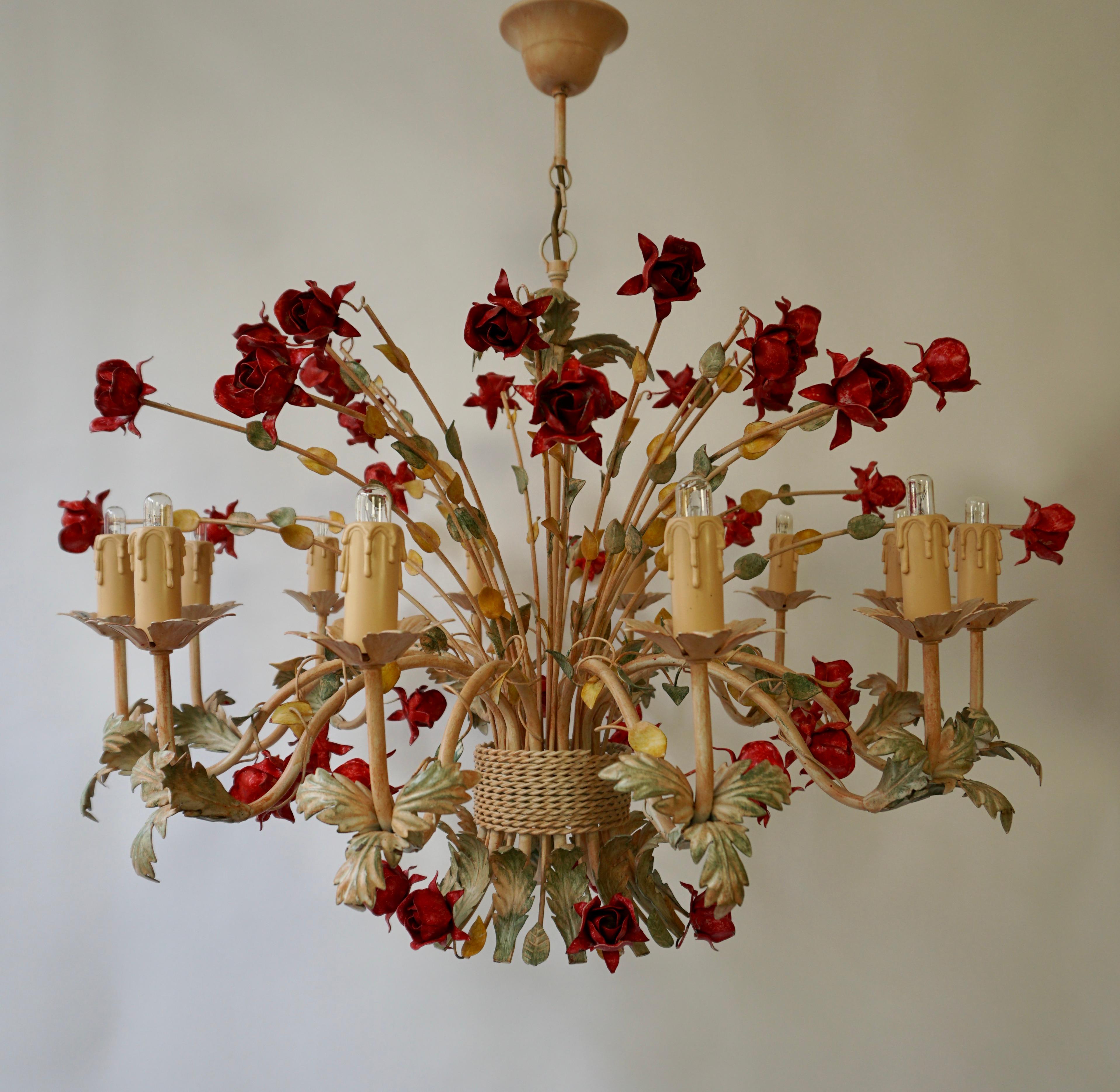 Two 20th Century Hollywood Regency Style Chandelier with Red Roses For Sale 2