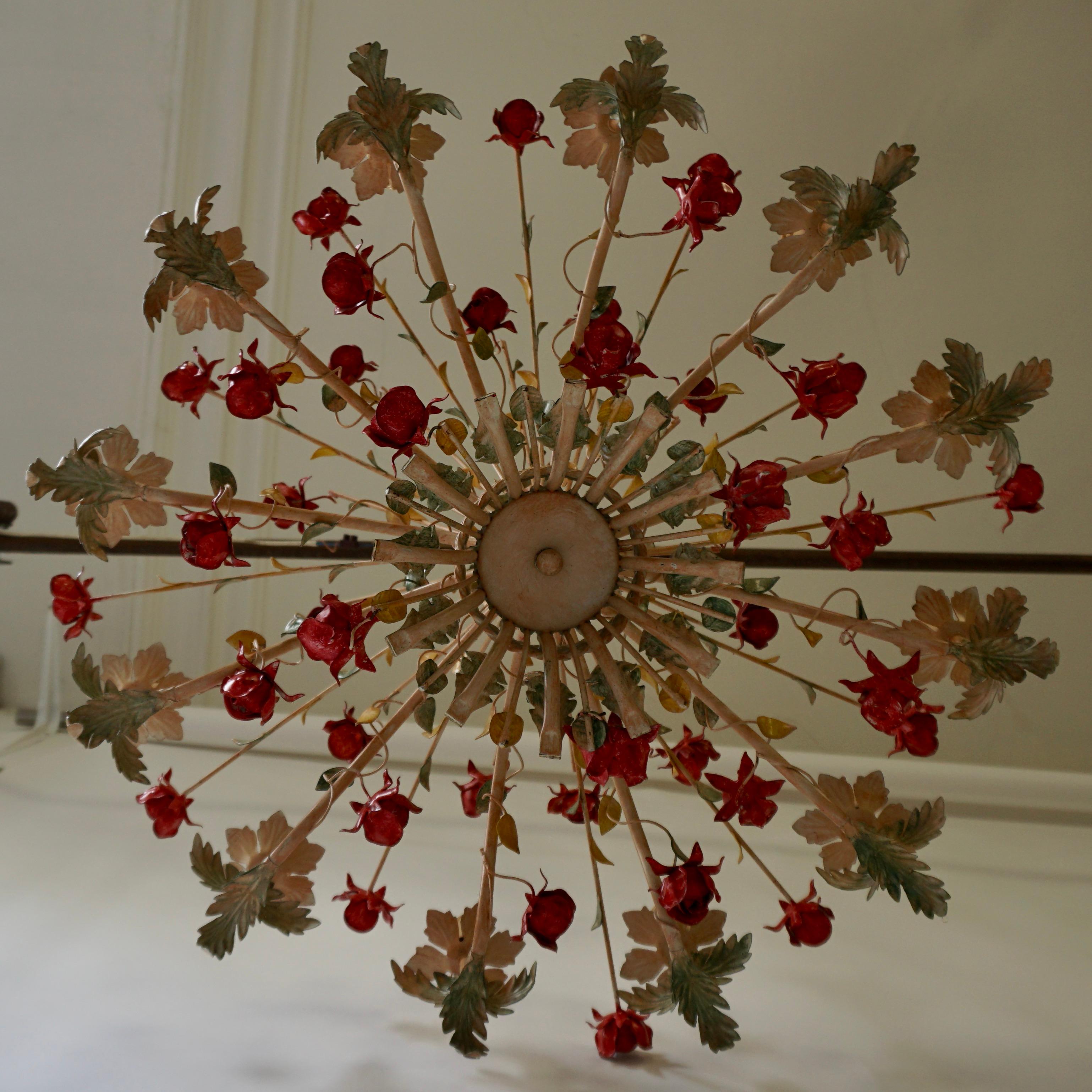 Two 20th Century Hollywood Regency Style Chandelier with Red Roses For Sale 3