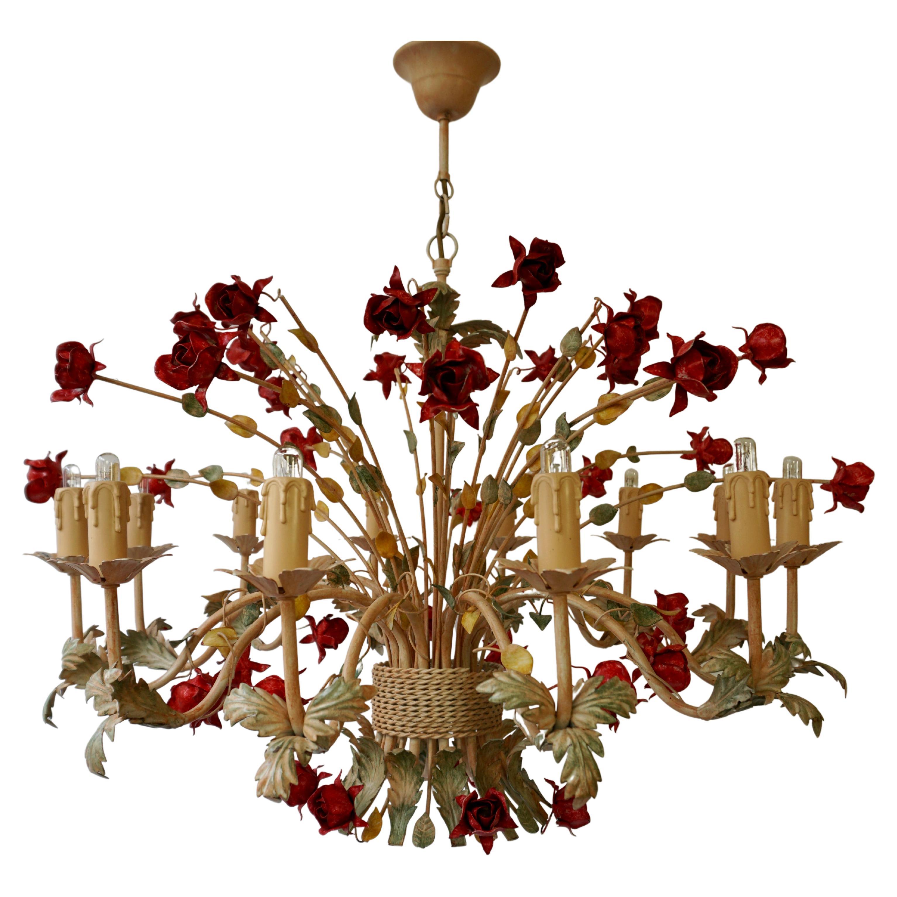 Two 20th Century Hollywood Regency Style Chandelier with Red Roses For Sale