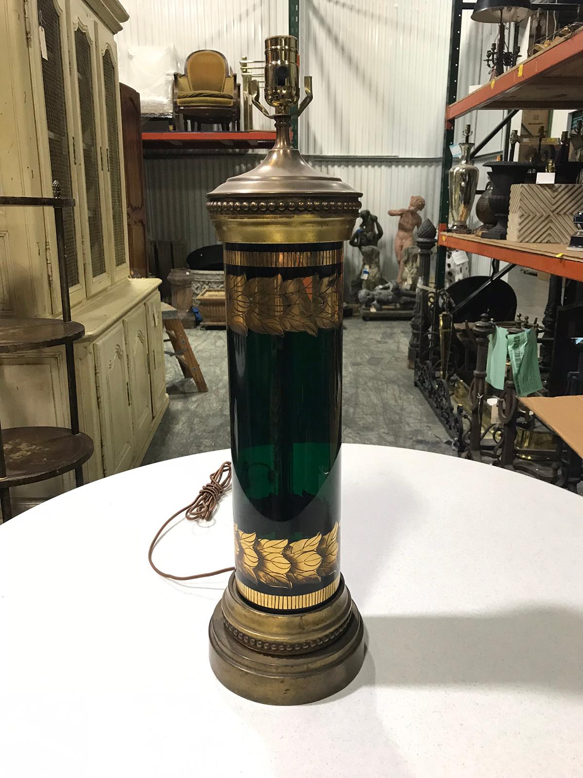 20th century Hollywood Regency style gilt and green glass lamp, original base
New wiring.