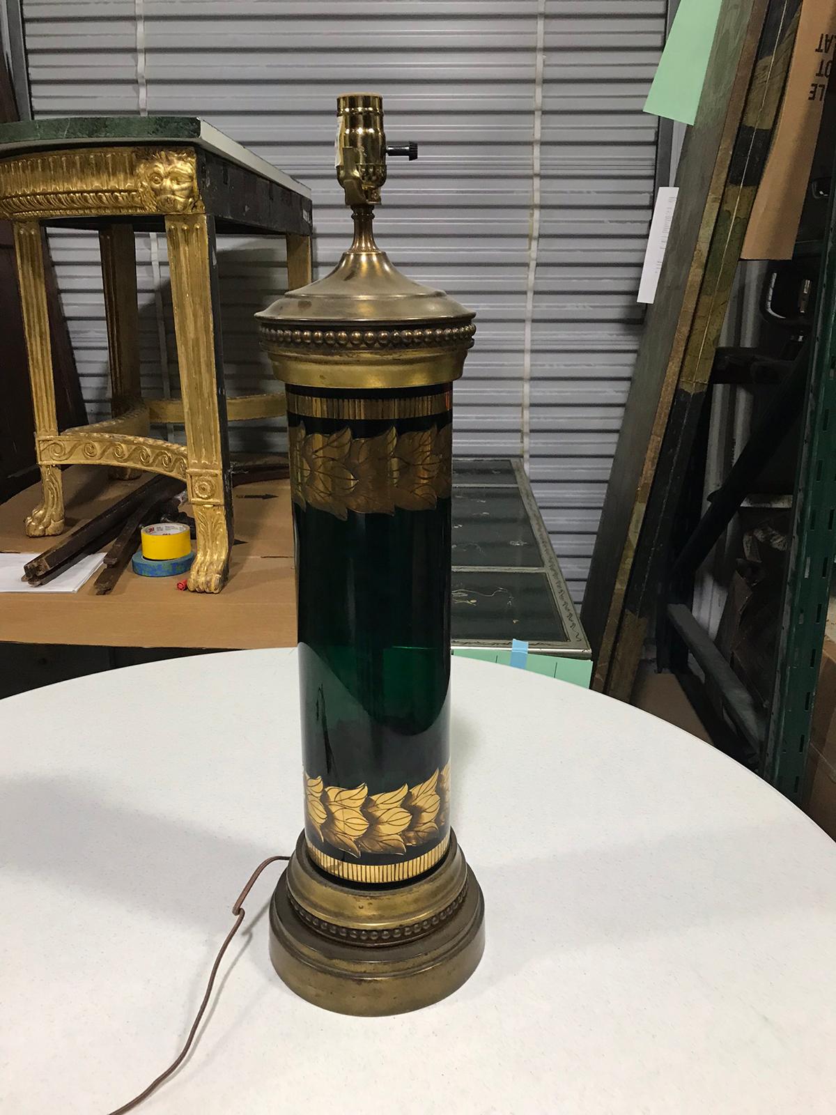 20th Century Hollywood Regency Style Gilt and Green Glass Lamp, Original Base In Good Condition In Atlanta, GA