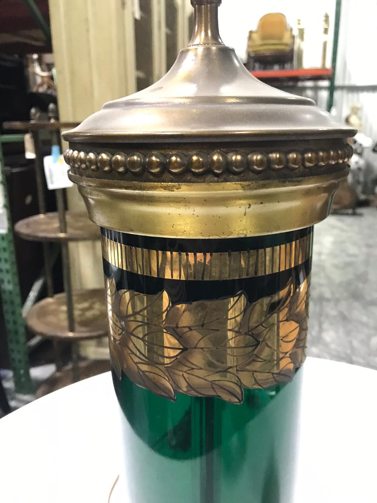 20th Century Hollywood Regency Style Gilt and Green Glass Lamp, Original Base 1