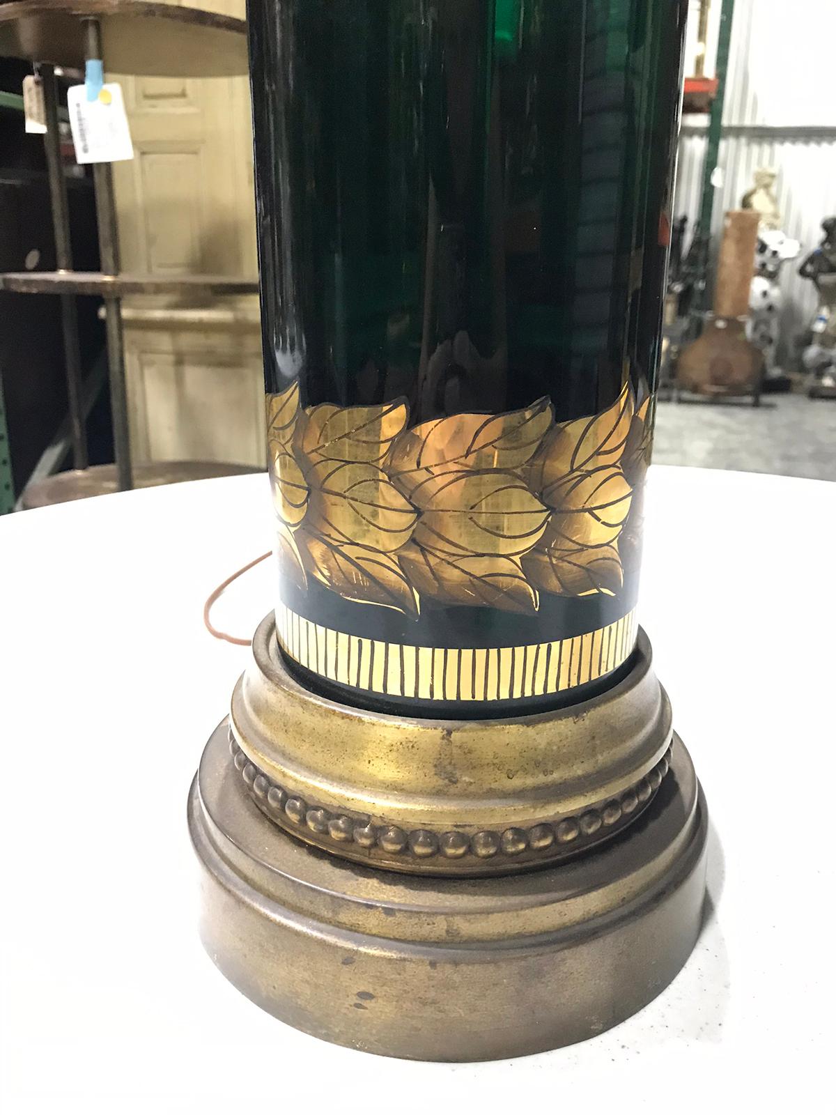 20th Century Hollywood Regency Style Gilt and Green Glass Lamp, Original Base 3
