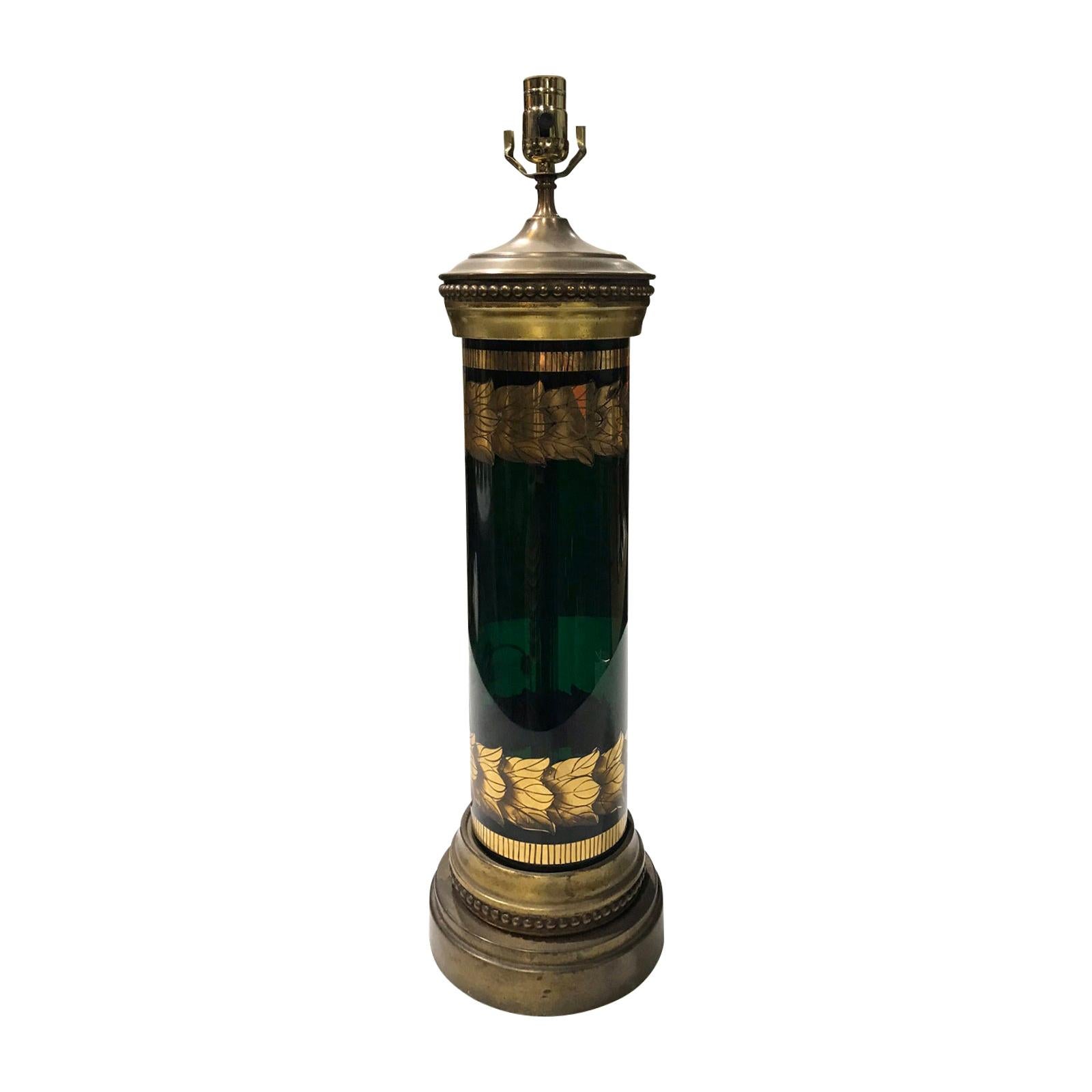 20th Century Hollywood Regency Style Gilt and Green Glass Lamp, Original Base