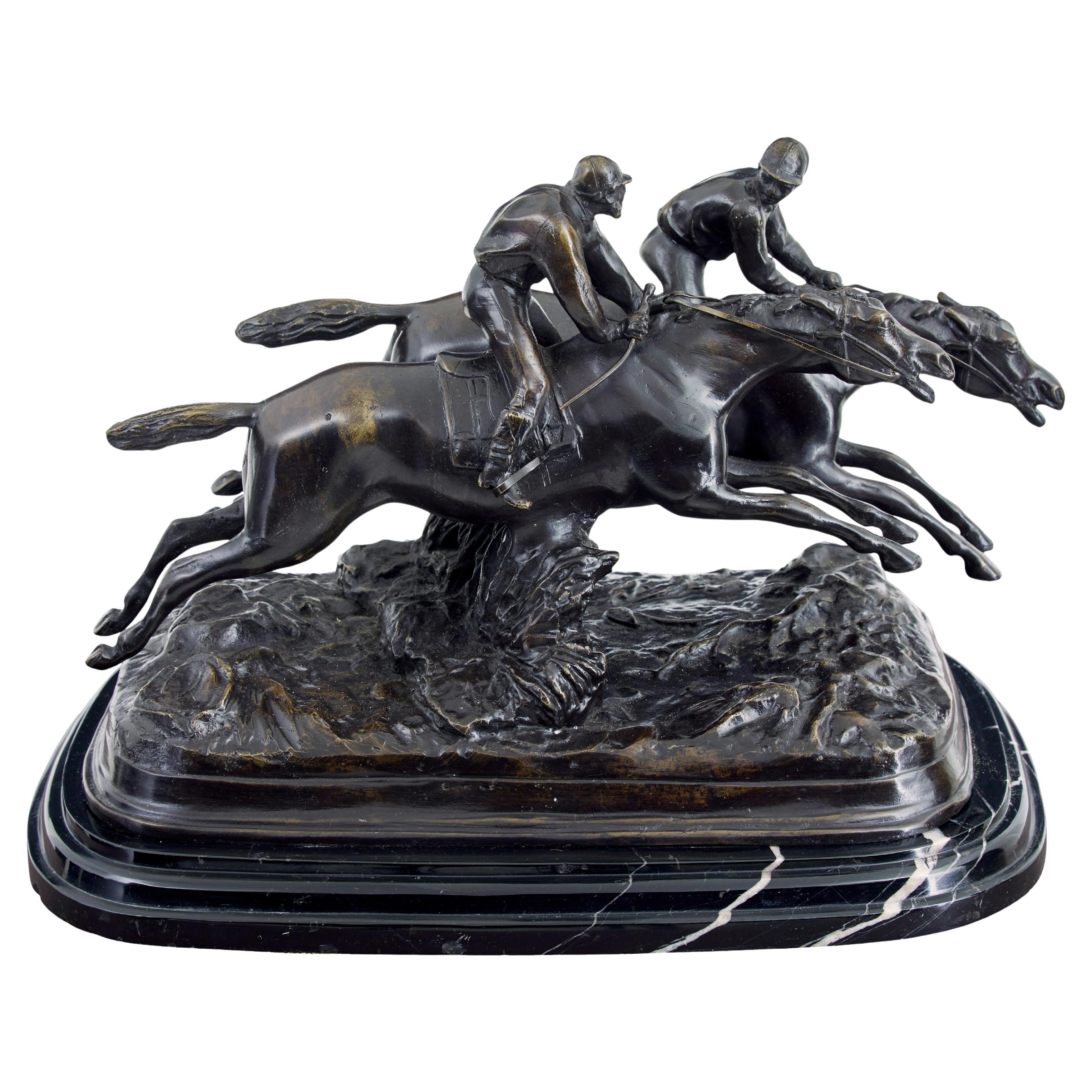 20th century horse racing desk top bronze and marble