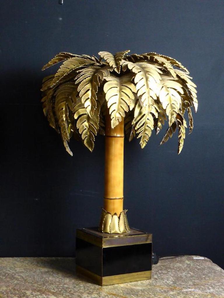 20th Century House Jansen Brass and Bamboo Palm Tree Lamp, 1970s 1