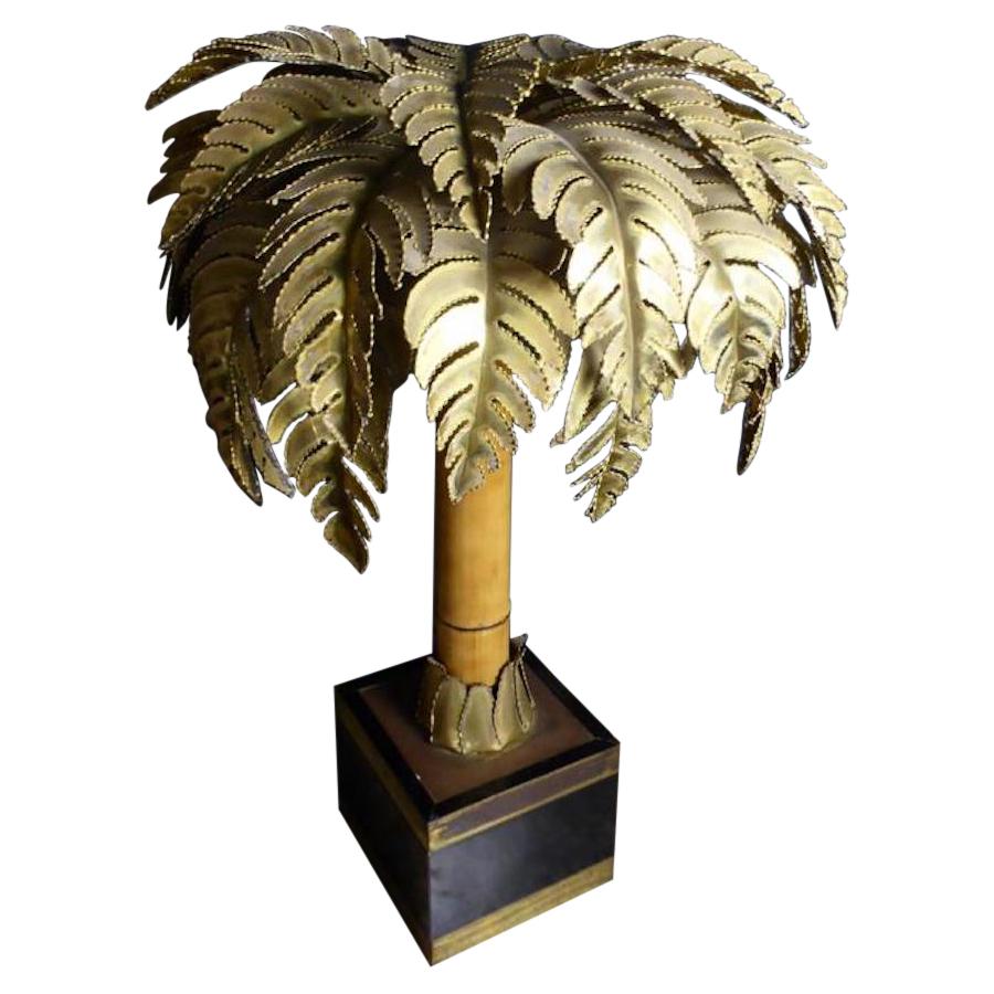 20th Century House Jansen Brass and Bamboo Palm Tree Lamp, 1970s