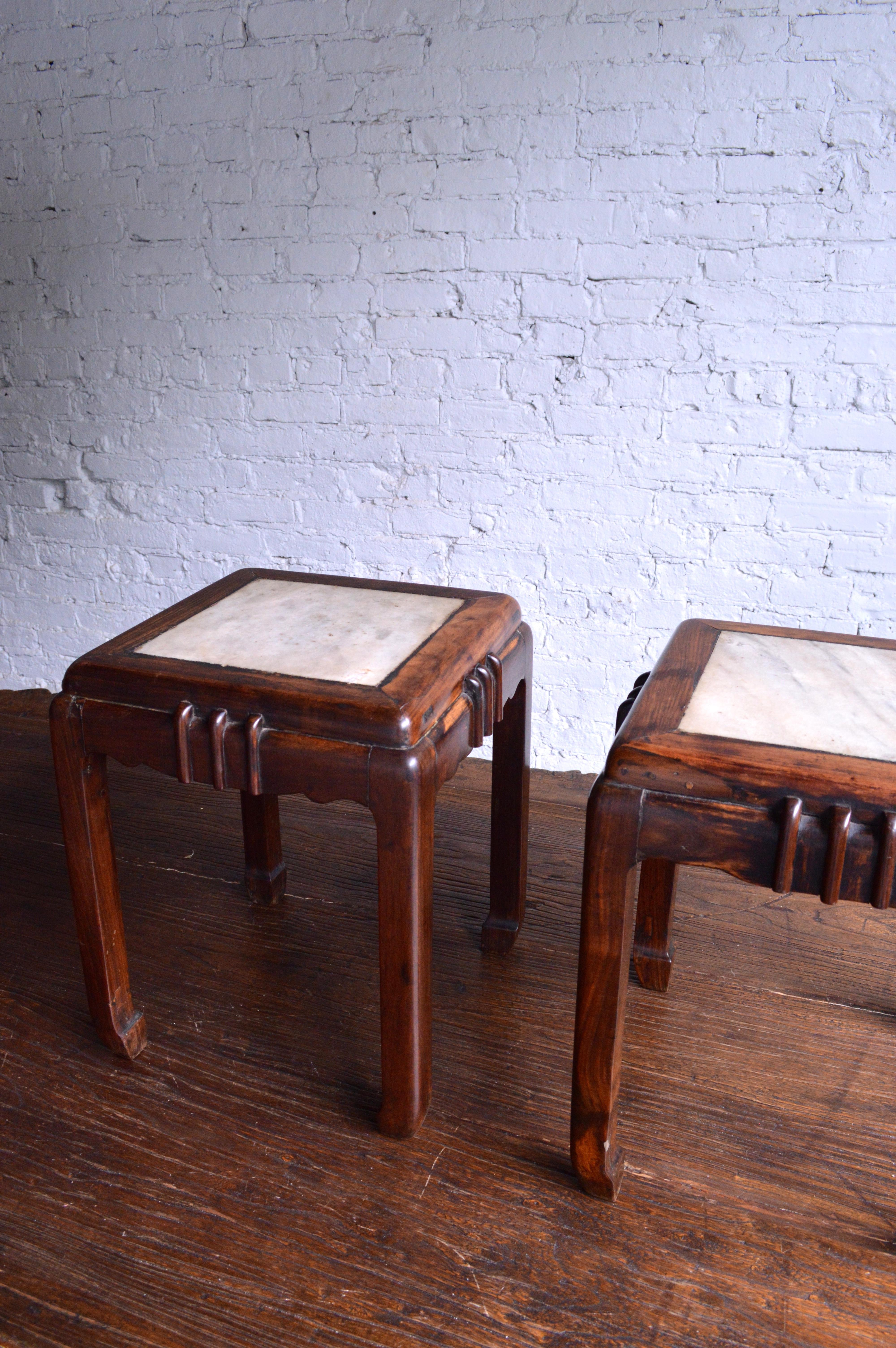 Chinese 20th Century Huali and Marble Stools For Sale