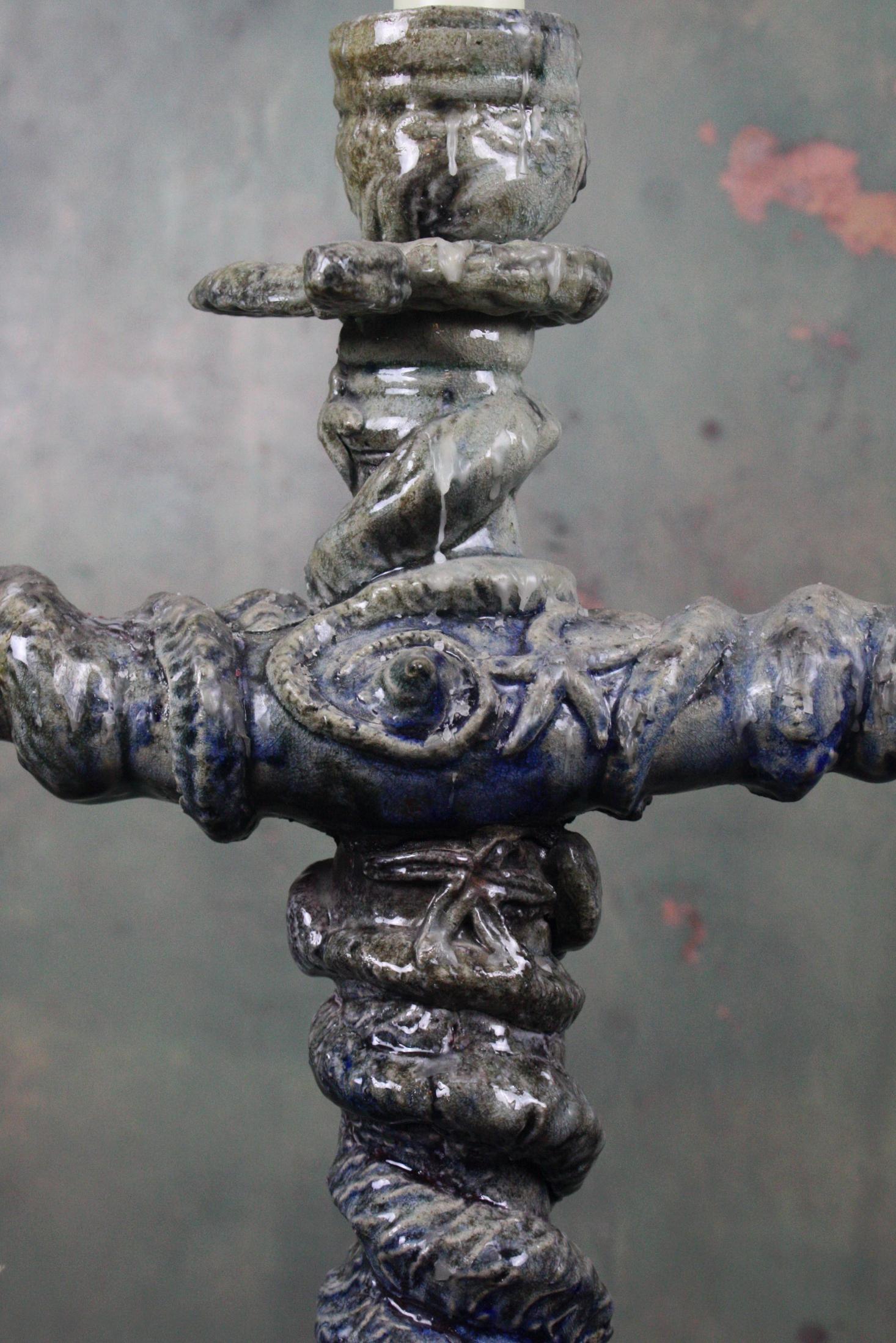 European 20th Century Huge Ceramic Candelabra in the Manner of Palissy Serpents Lizards For Sale