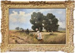 20th Century Hungarian School - Beautiful Large Impressionist Oil Painting Elegant Lady Picking Flowers Meadow Beautiful Large Impressionist Oil Painting Elegant Lady Picking Flowers Meadow
