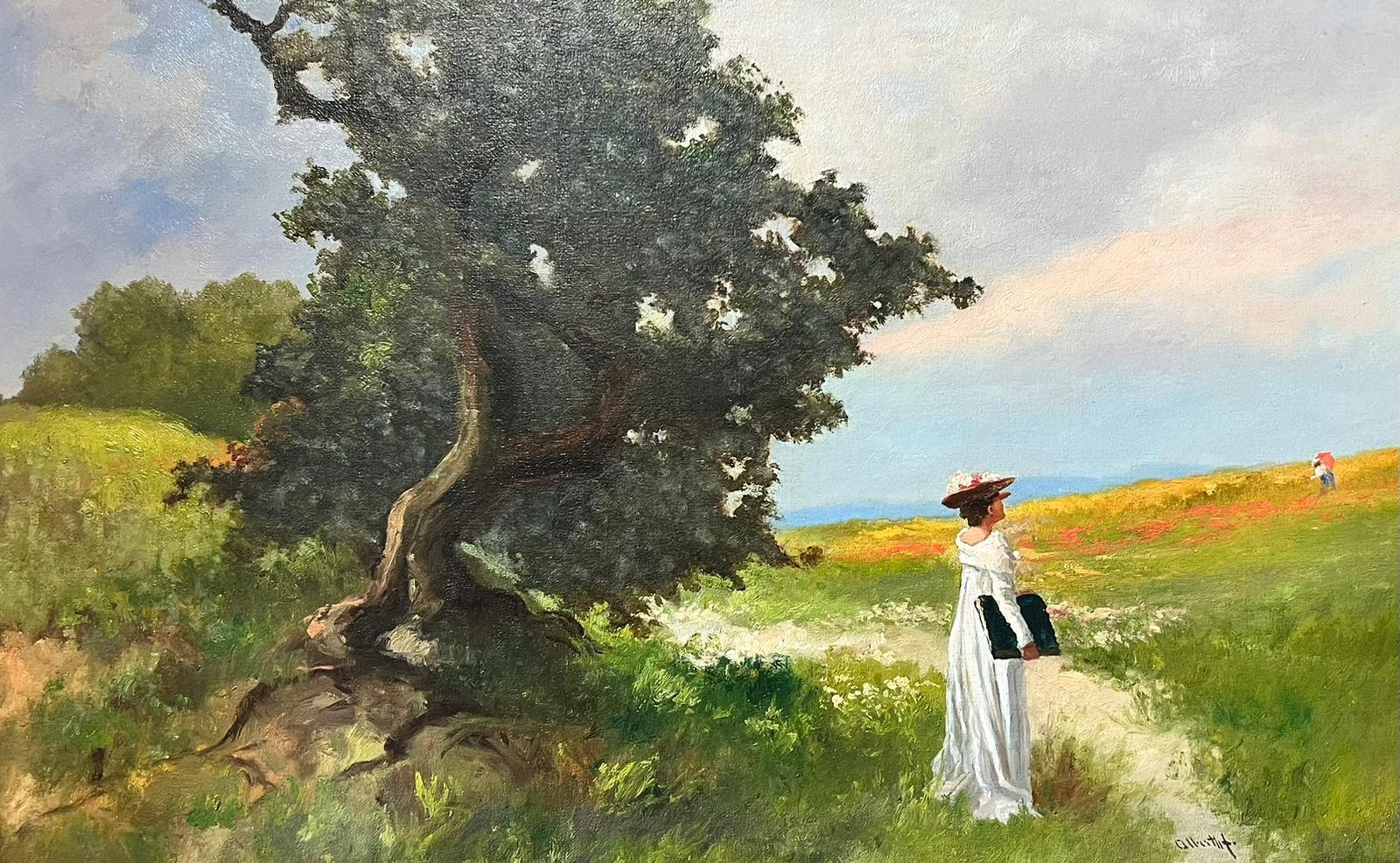 Elegante Damen in Wildblumen-Meadow, groß, impressionistisches Ölgemälde, gerahmt – Painting von 20th Century Hungarian School