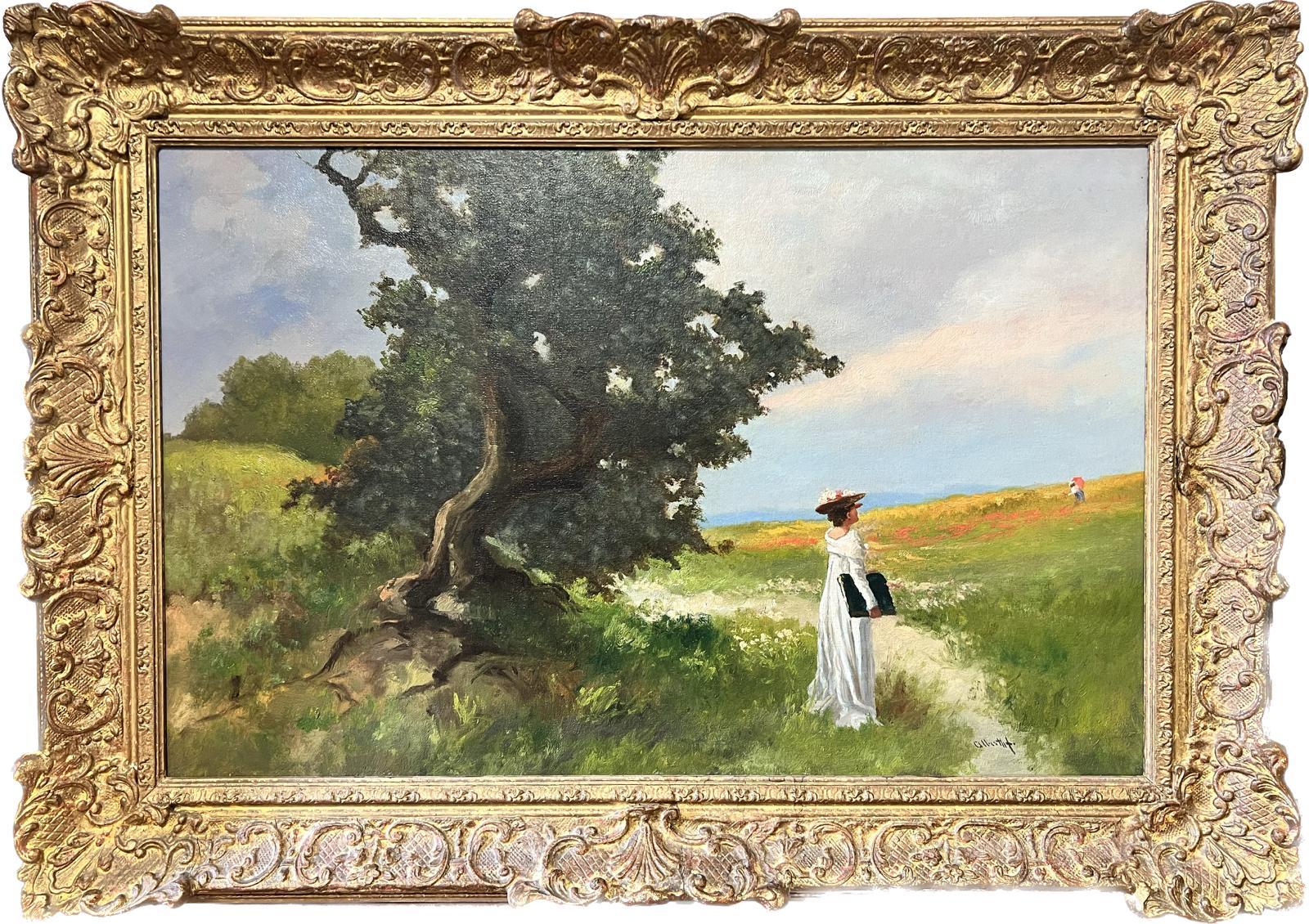 Elegante Damen in Wildblumen-Meadow, groß, impressionistisches Ölgemälde, gerahmt
