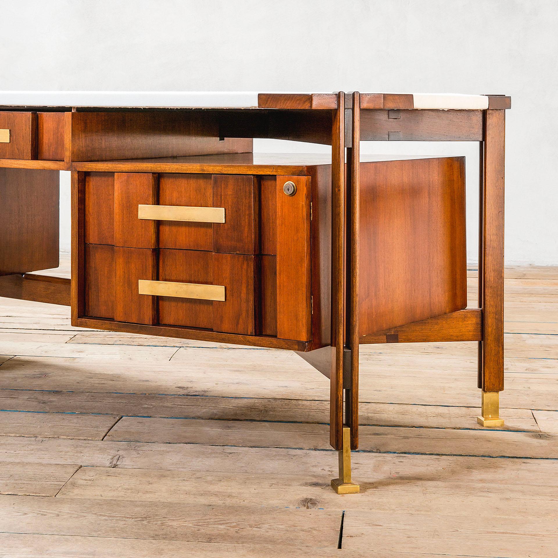 Italian 20th Century Big Desk in Wood with Cloth-Covered Top Attributed. Ico Parisi, 60s For Sale