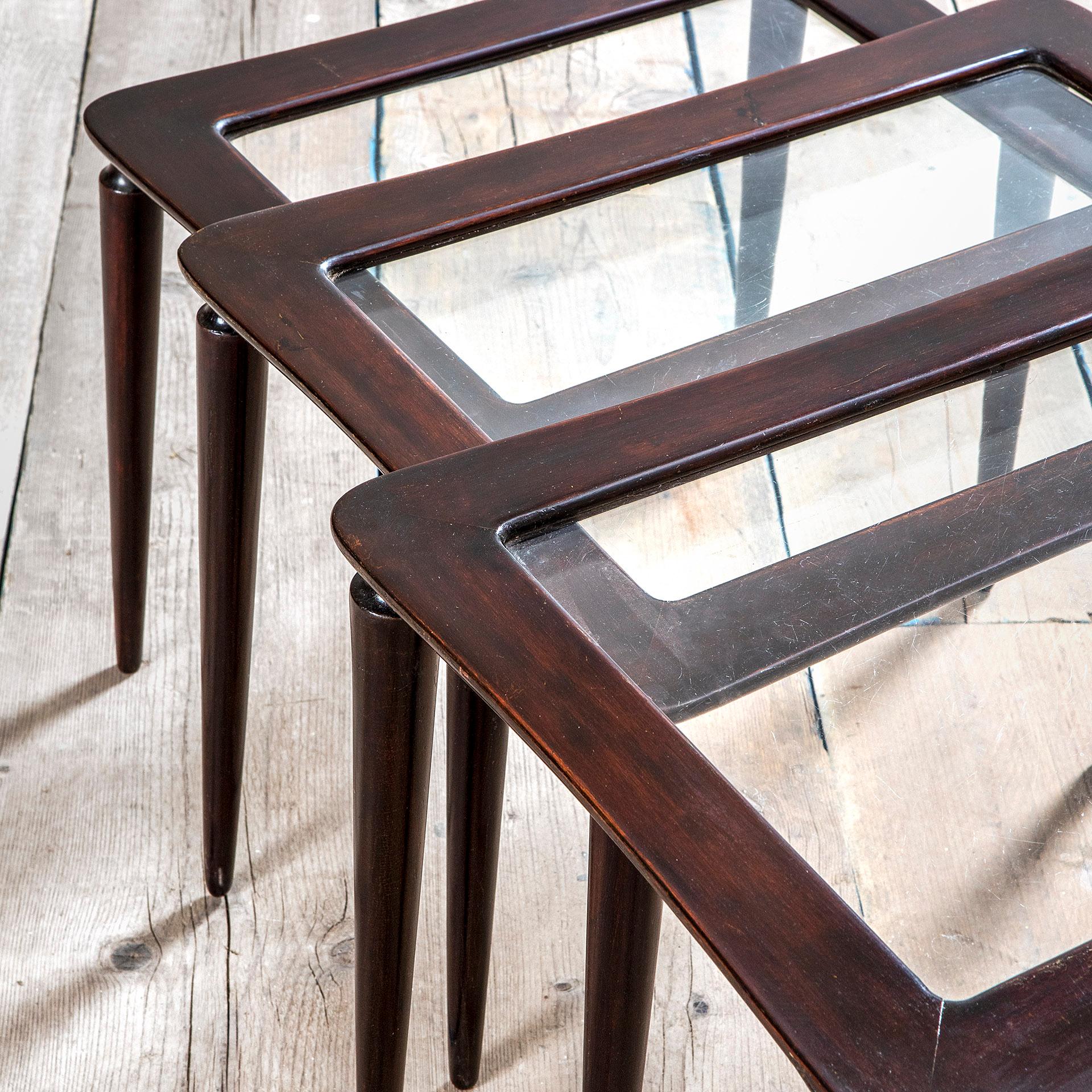 Italian 20th Century Ico Parisi Stackable Tables for De Baggis Wood and Glass from 1950s