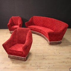 20th Century Ico Parisi Style Red Damask Fabric Italian Modern Living Room Set