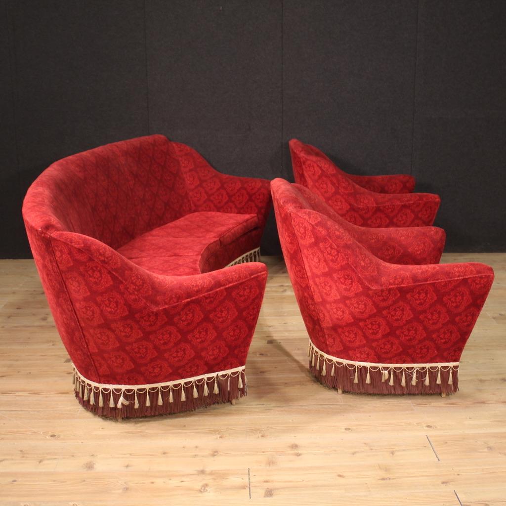 20th Century Ico Parisi Style Red Damask Fabric Italian Modern Living Room Set For Sale 1
