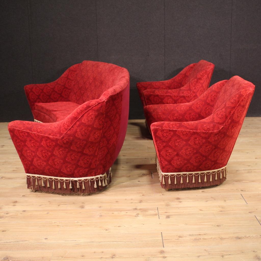 20th Century Ico Parisi Style Red Damask Fabric Italian Modern Living Room Set For Sale 3