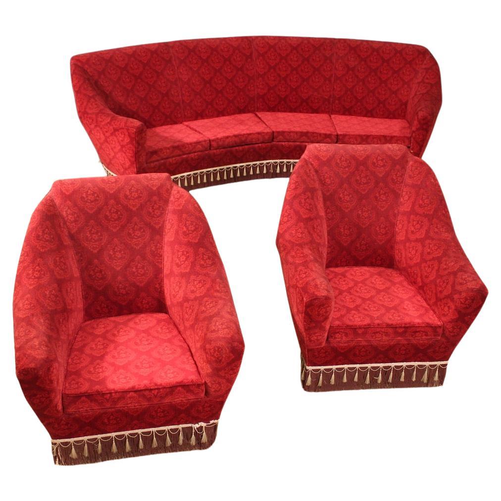 20th Century Ico Parisi Style Red Damask Fabric Italian Modern Living Room Set For Sale