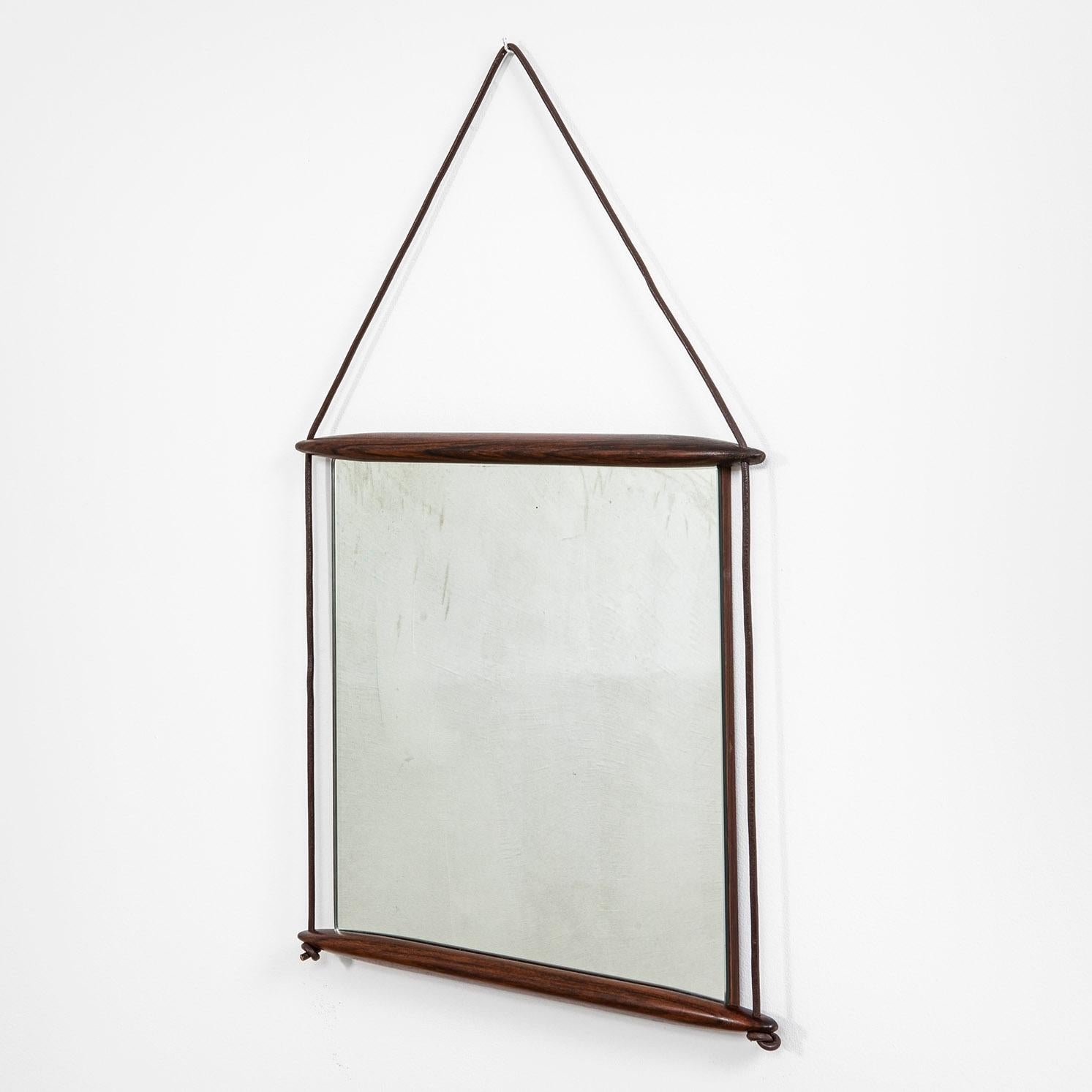 Mid-Century Modern 20th Century Ico Parisi Wall Mirror for MIM in Wood and Leather Ribbon of '50s For Sale