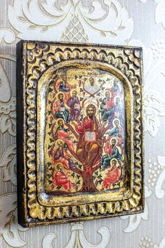 Siglo XX Icono de Cristo y los Apóstoles, temple al huevo sobre lienzo