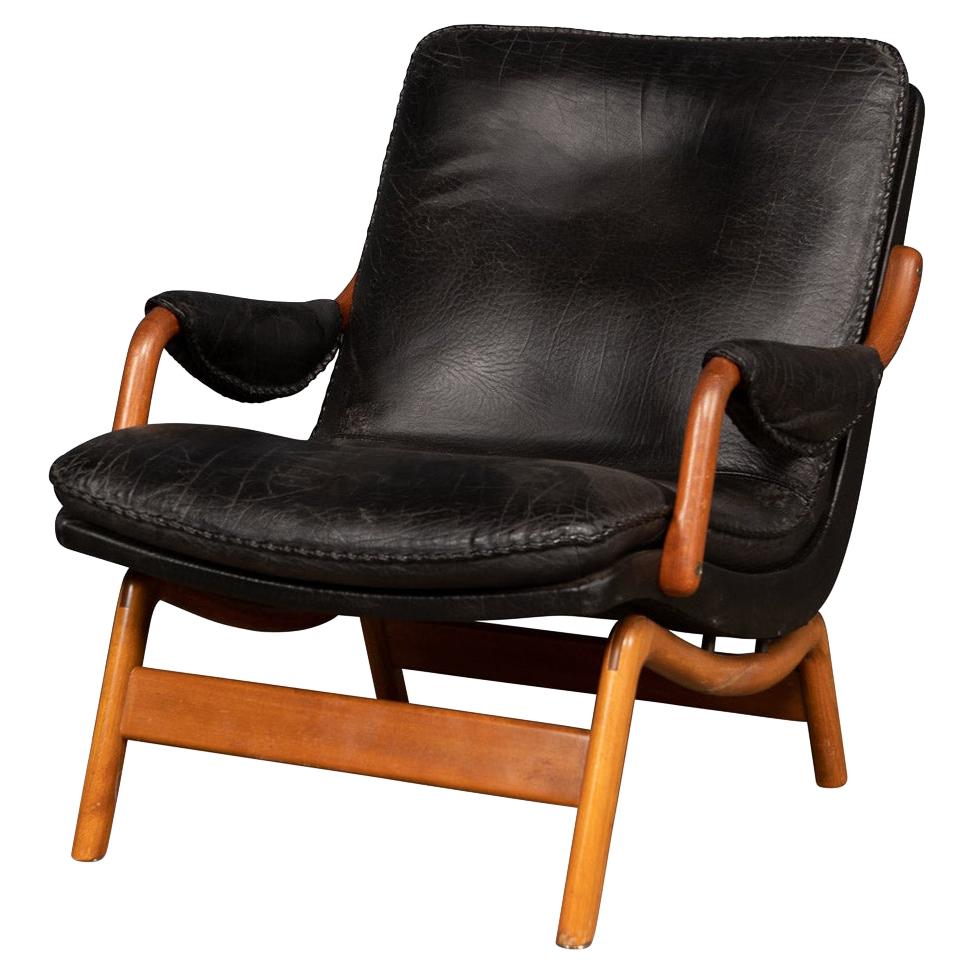 20th Century Ikea Black Leather & Teak Chair, 1960s