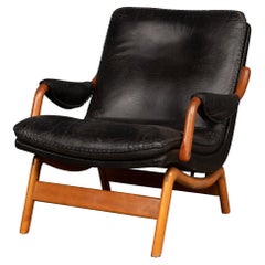 20th Century Ikea Black Leather & Teak Chair, 1960s