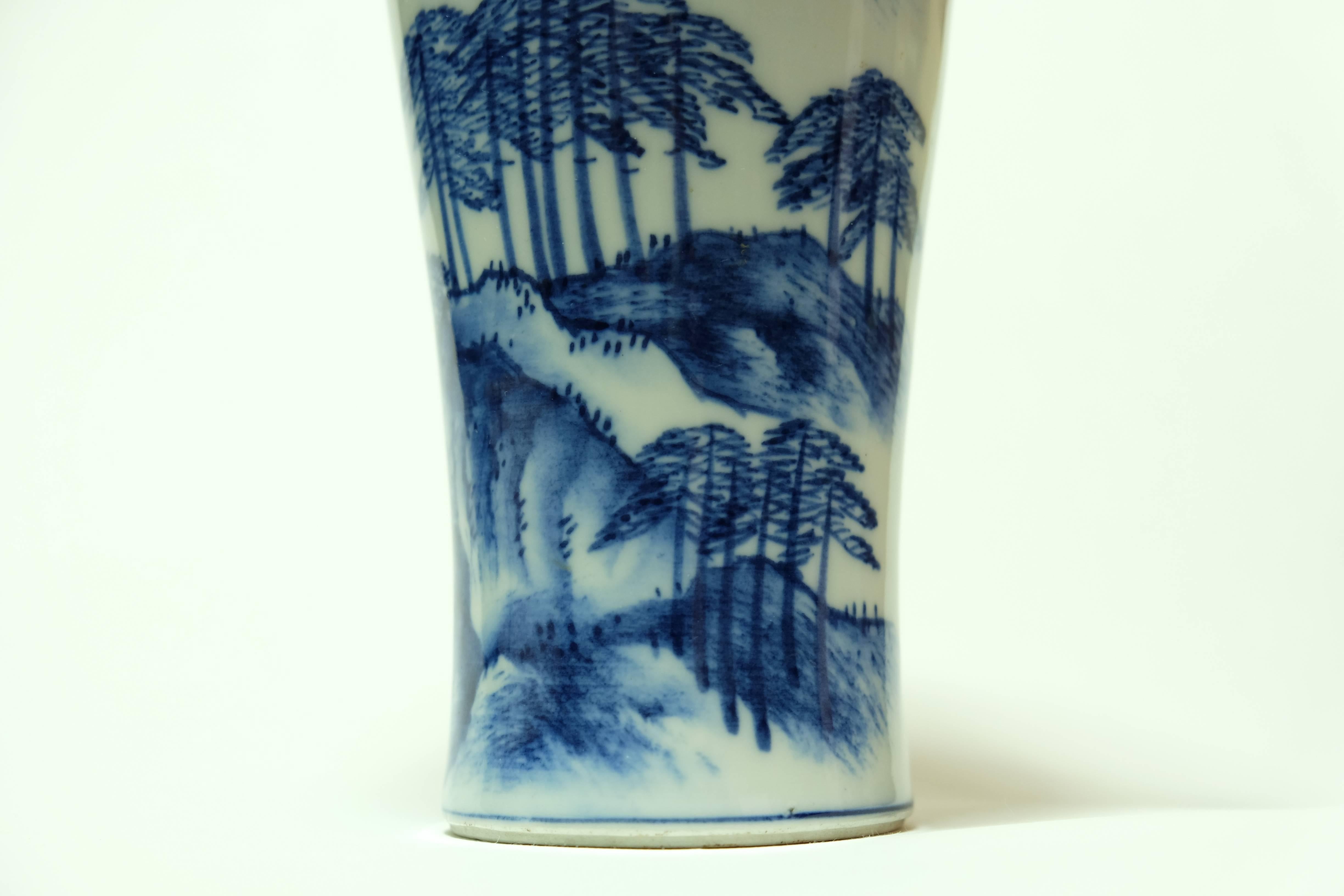 20th Century Japanese Indigo Blue Chinese Style Landscape on White Porcelain Imari Vase 1950s