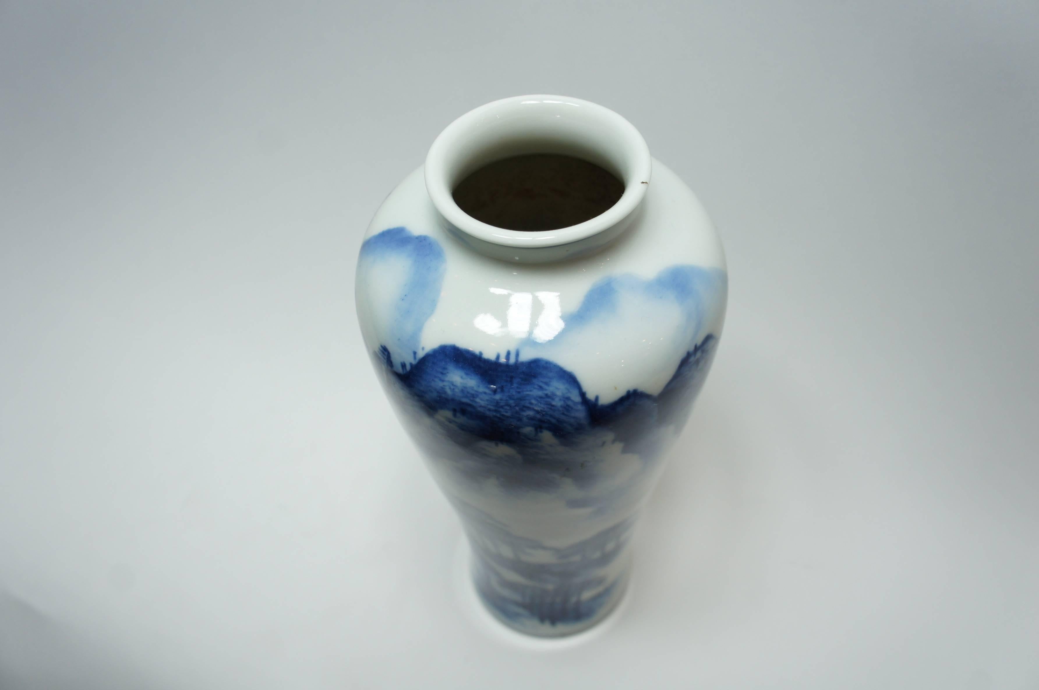 Japanese Indigo Blue Chinese Style Landscape on White Porcelain Imari Vase 1950s 2