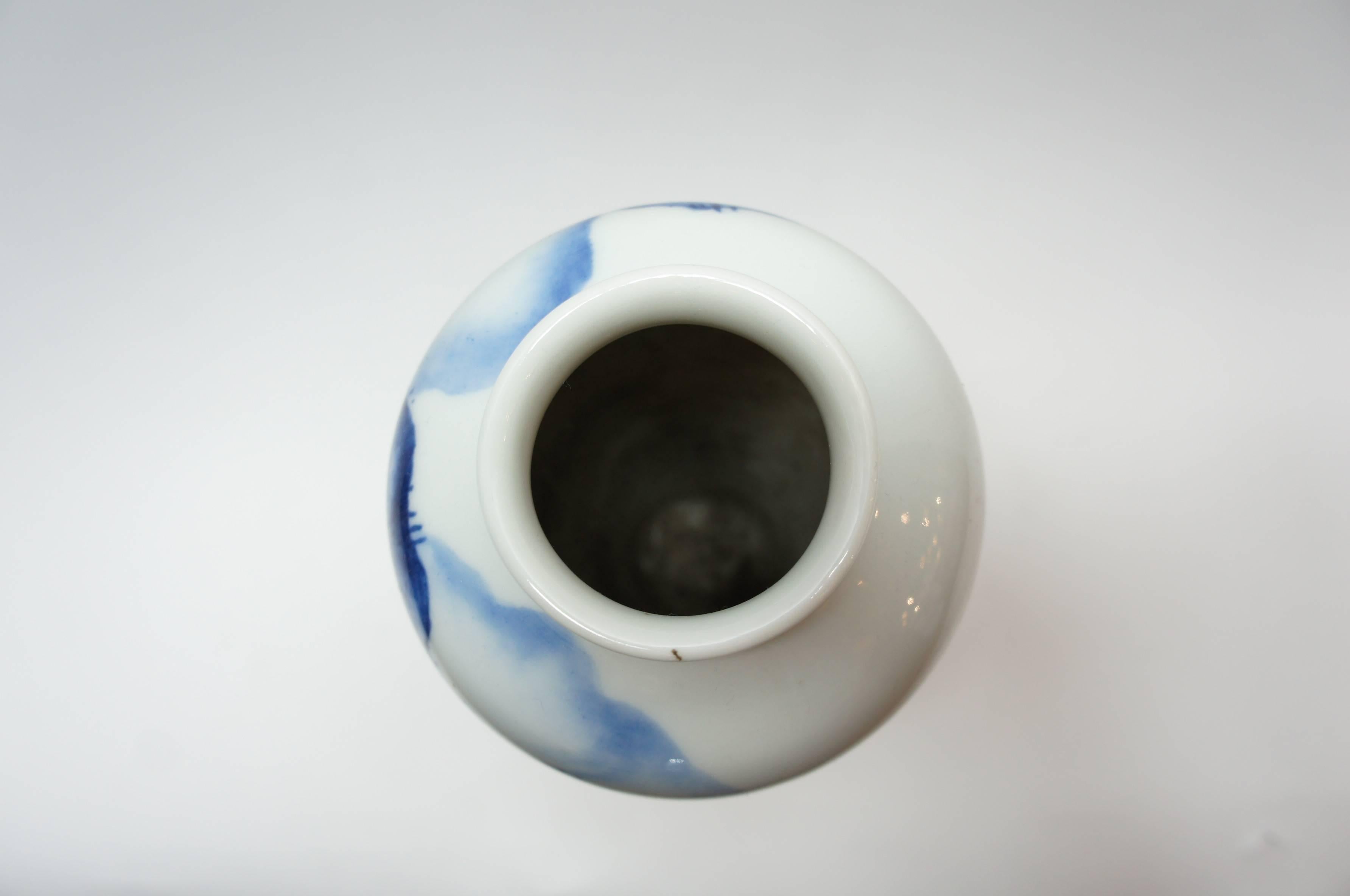 Japanese Indigo Blue Chinese Style Landscape on White Porcelain Imari Vase 1950s 3