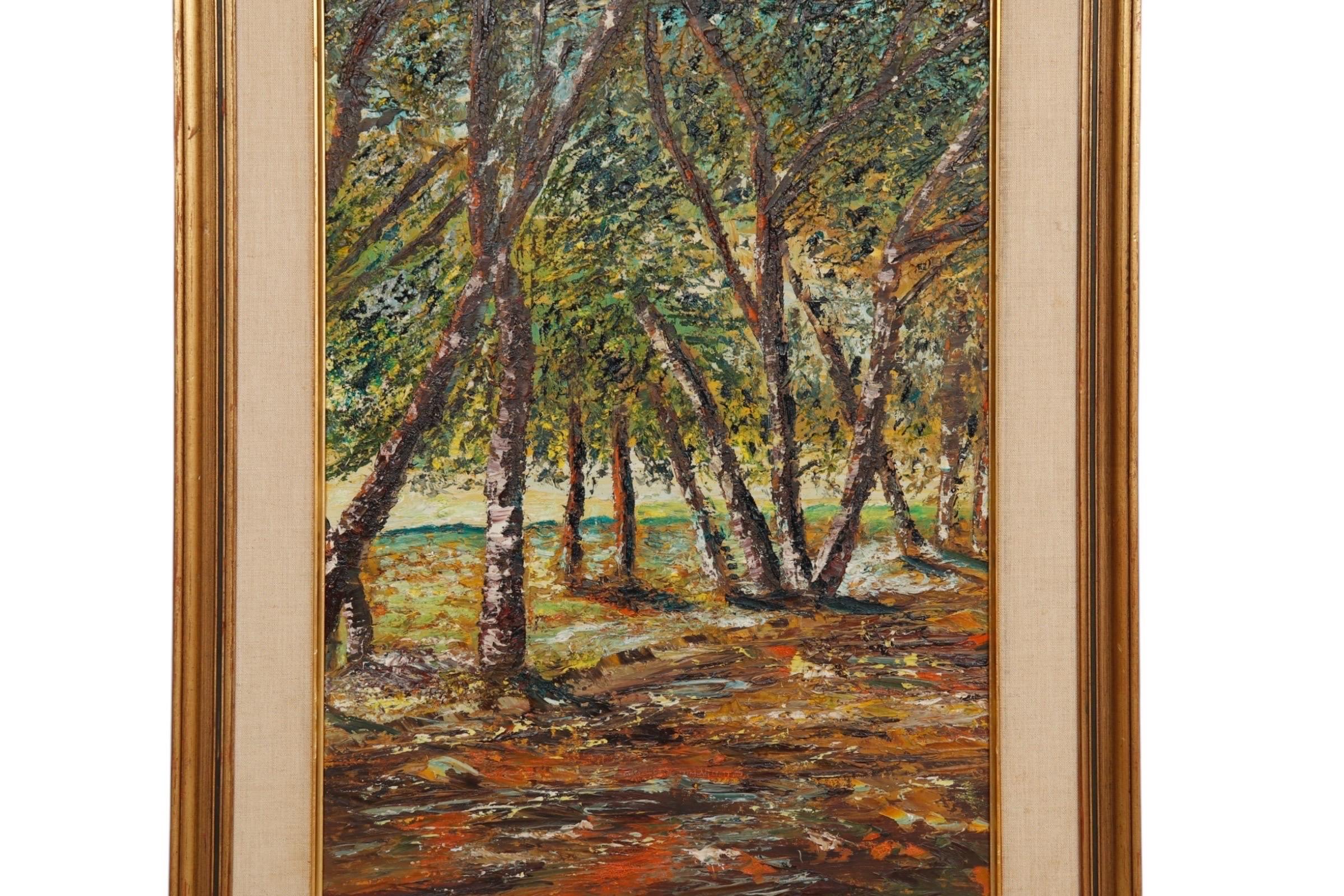 A 20th century impasto oil on artist board. The scene depicts a forest edge, with a colorful forest floor and light along the horizon. Unsigned. Set in a beveled gold wooden frame with a broad linen inner frame.