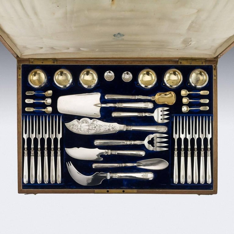 Antique early 20th century Imperial Russian very rare solid silver fish condiments cutlery set. Consisting of caviar pots, caviar spoons, 12 cold fish forks, crayfish thumb picks and other various fish serving implements. All Hallmarked Russian