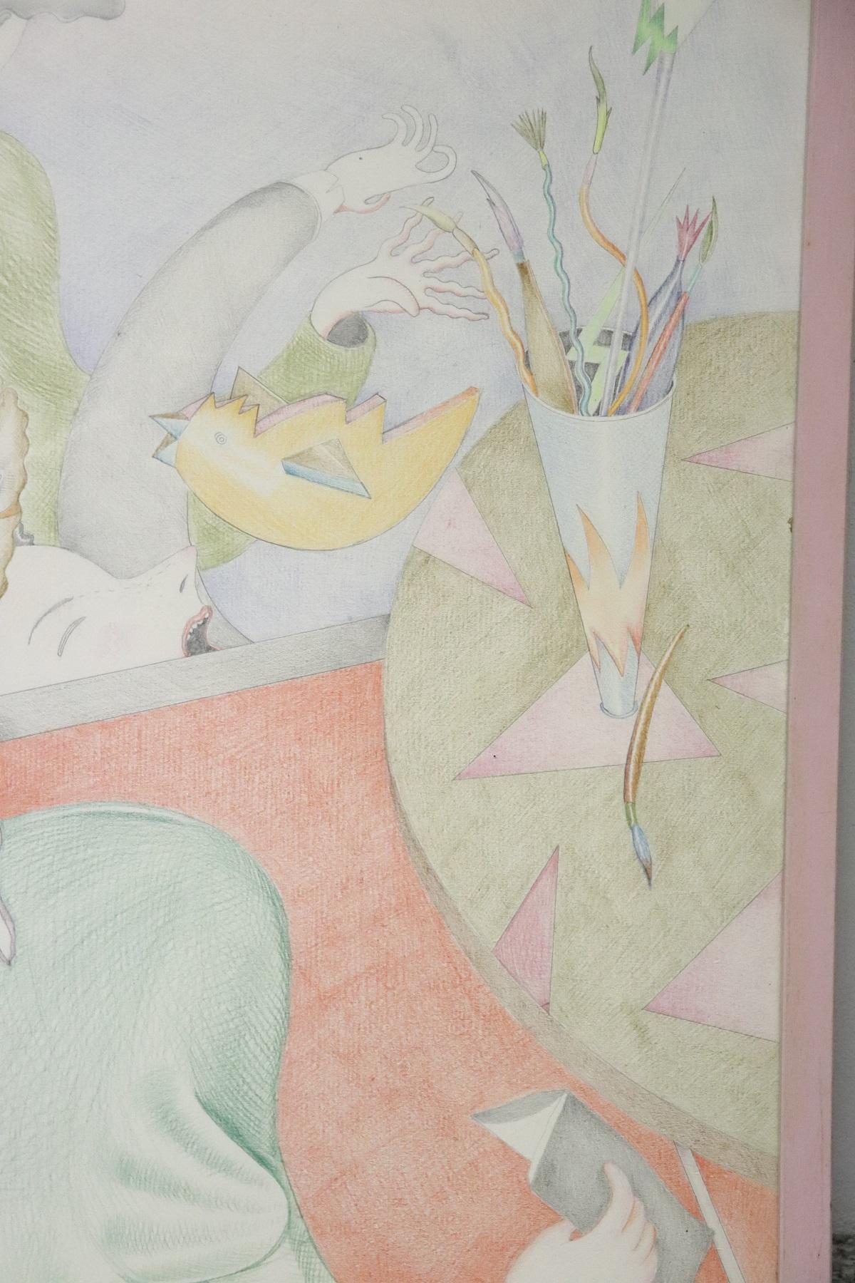 20th Century Important Italian Artist Crayons on Paper by Luca Alinari 4