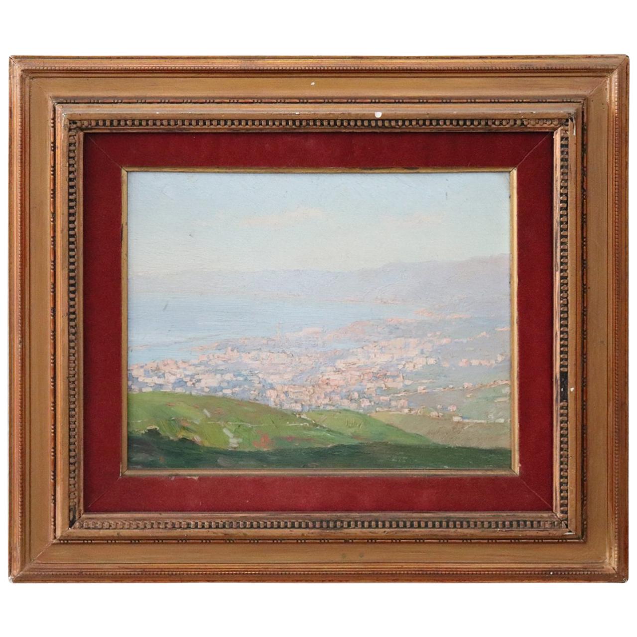 20th Century Important Italian Artist Oil Painting on Wood Landscape at