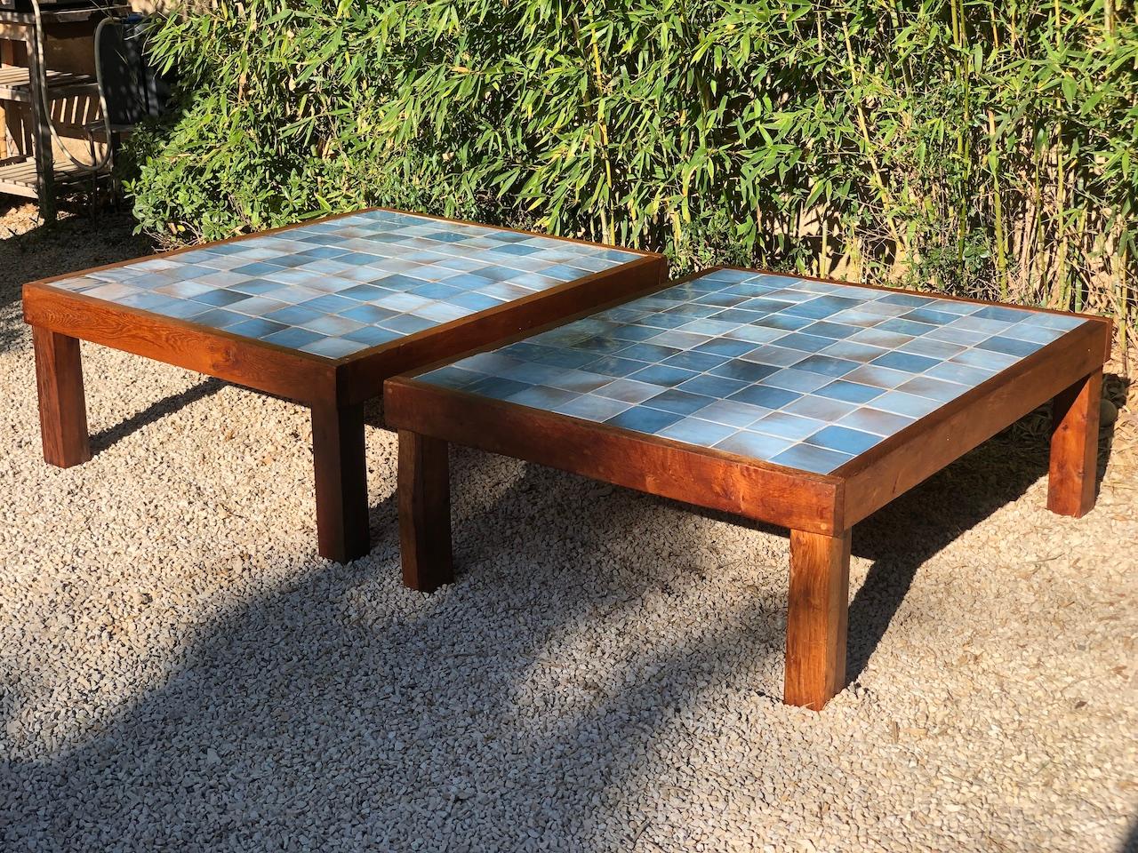 20th Century Important Pair of Coffee Tables in Solid Wood and Ceramic, 1960 In Good Condition In Saint Rémy de Provence, FR