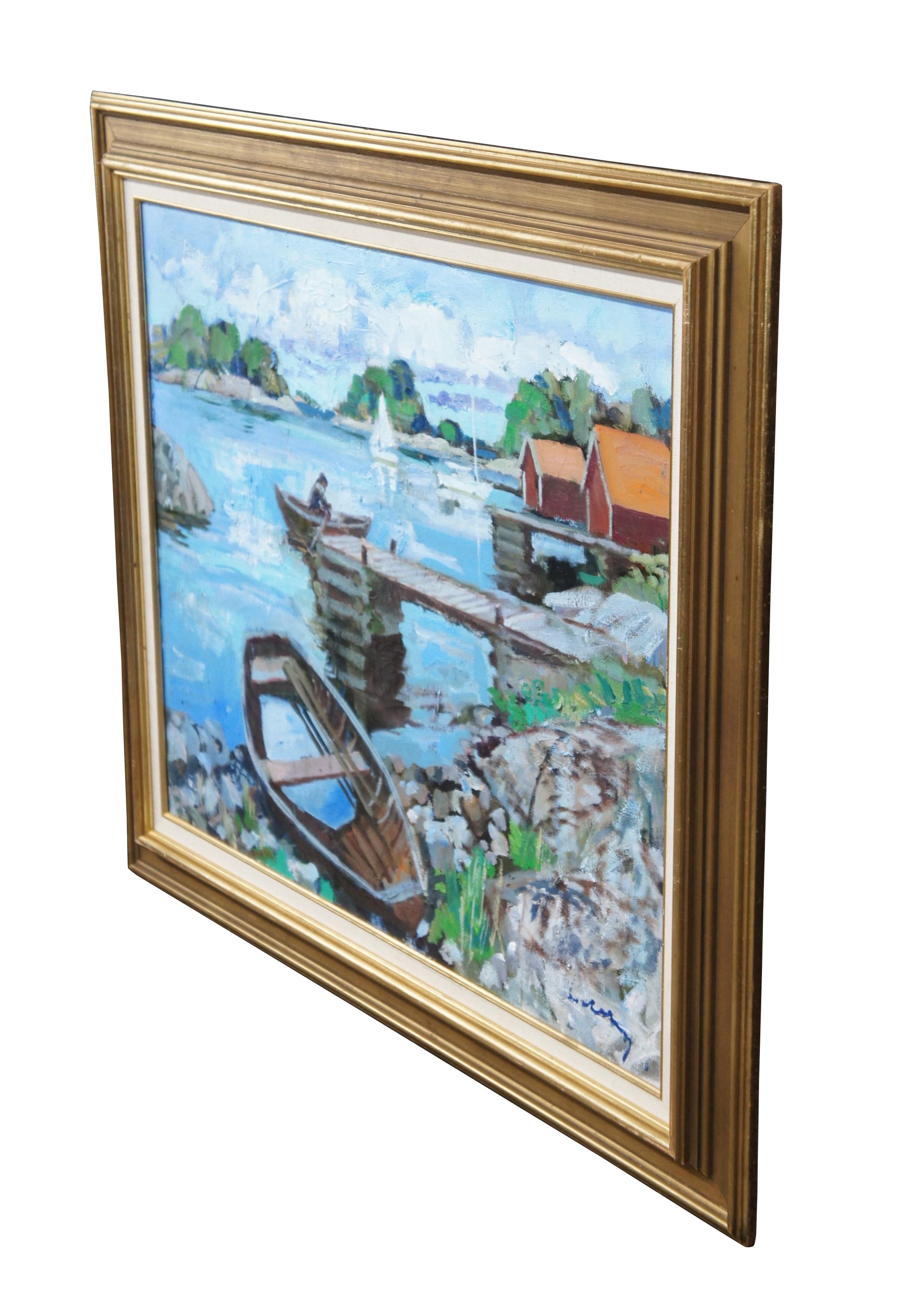 Expressionist 20th Century Impressionist Oil on Canvas Dockside Seascape Painting Framed 40