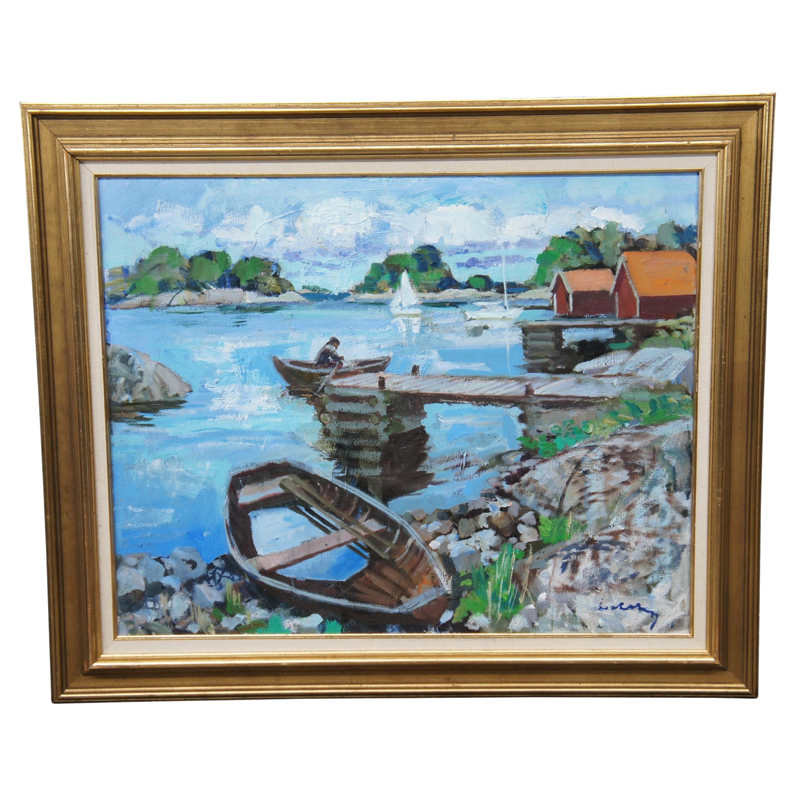 20th Century Impressionist Oil on Canvas Dockside Seascape Painting Framed 40" For Sale